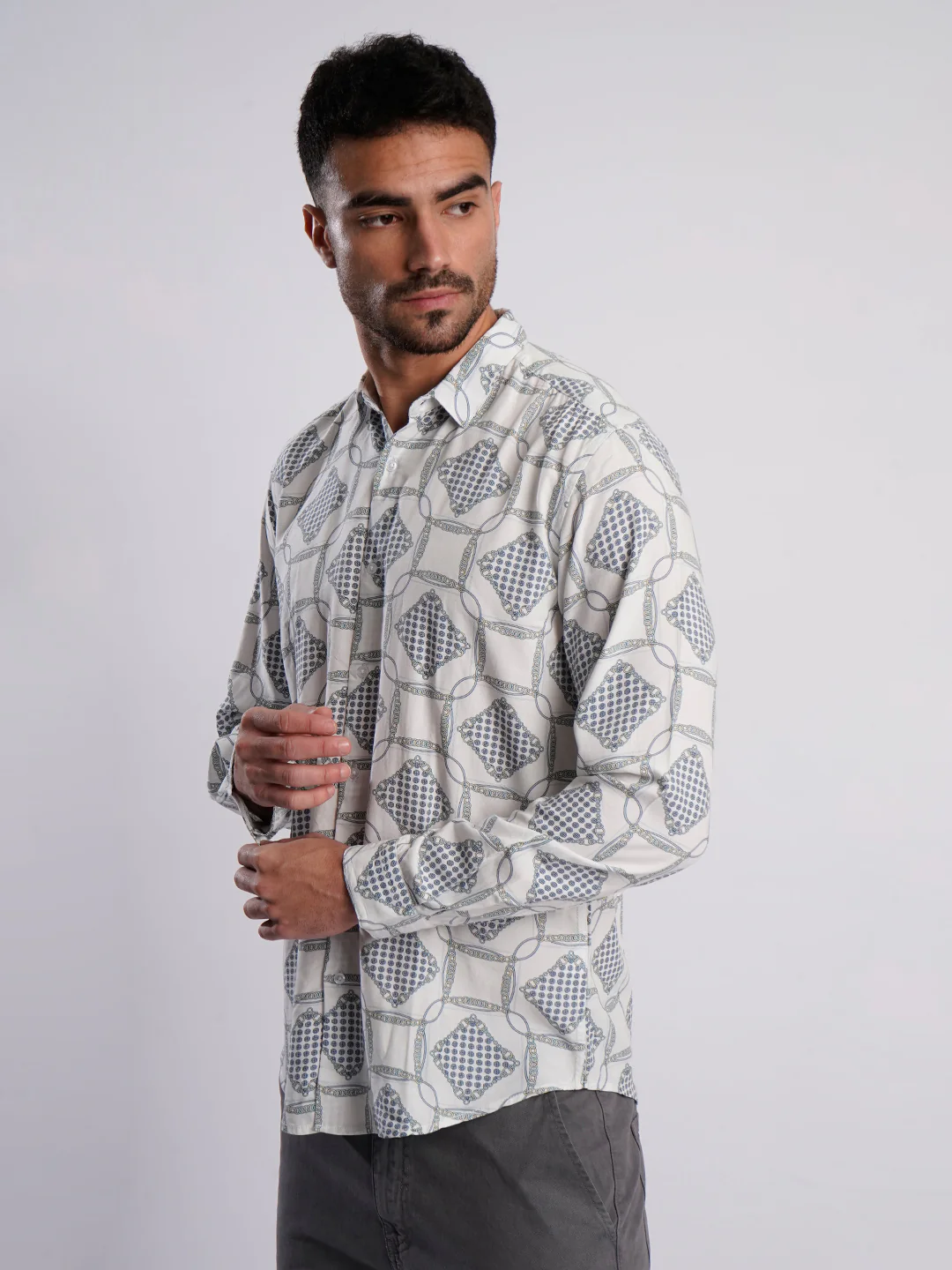 Men White and Blue Abstract Printed Shirt - Image 2