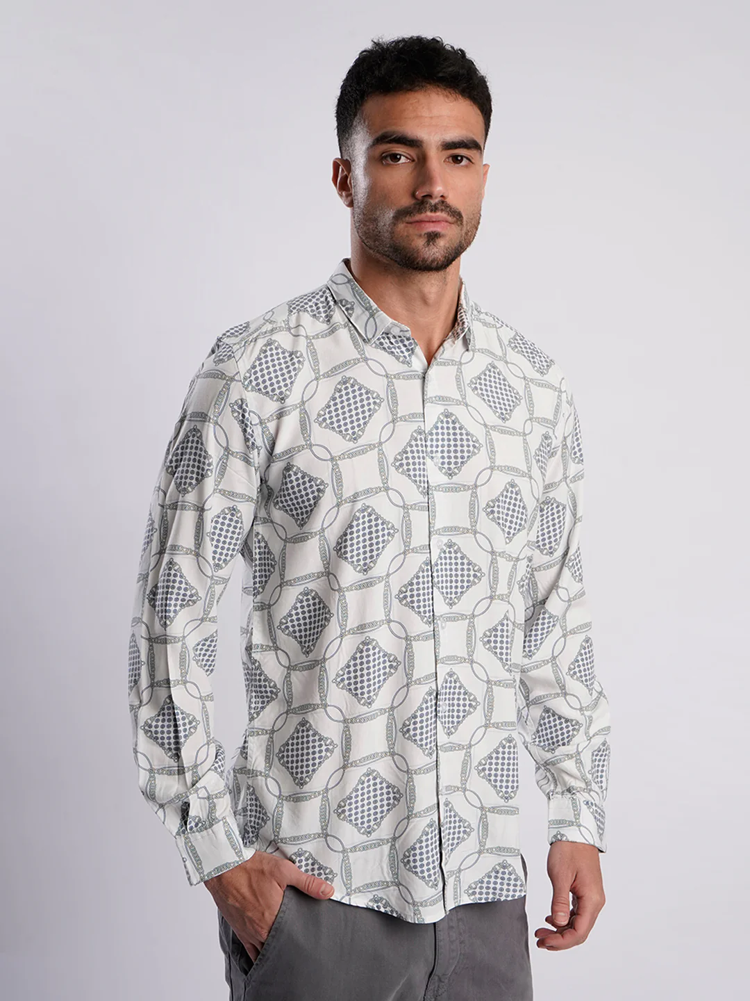 Men White and Blue Abstract Printed Shirt - Image 3