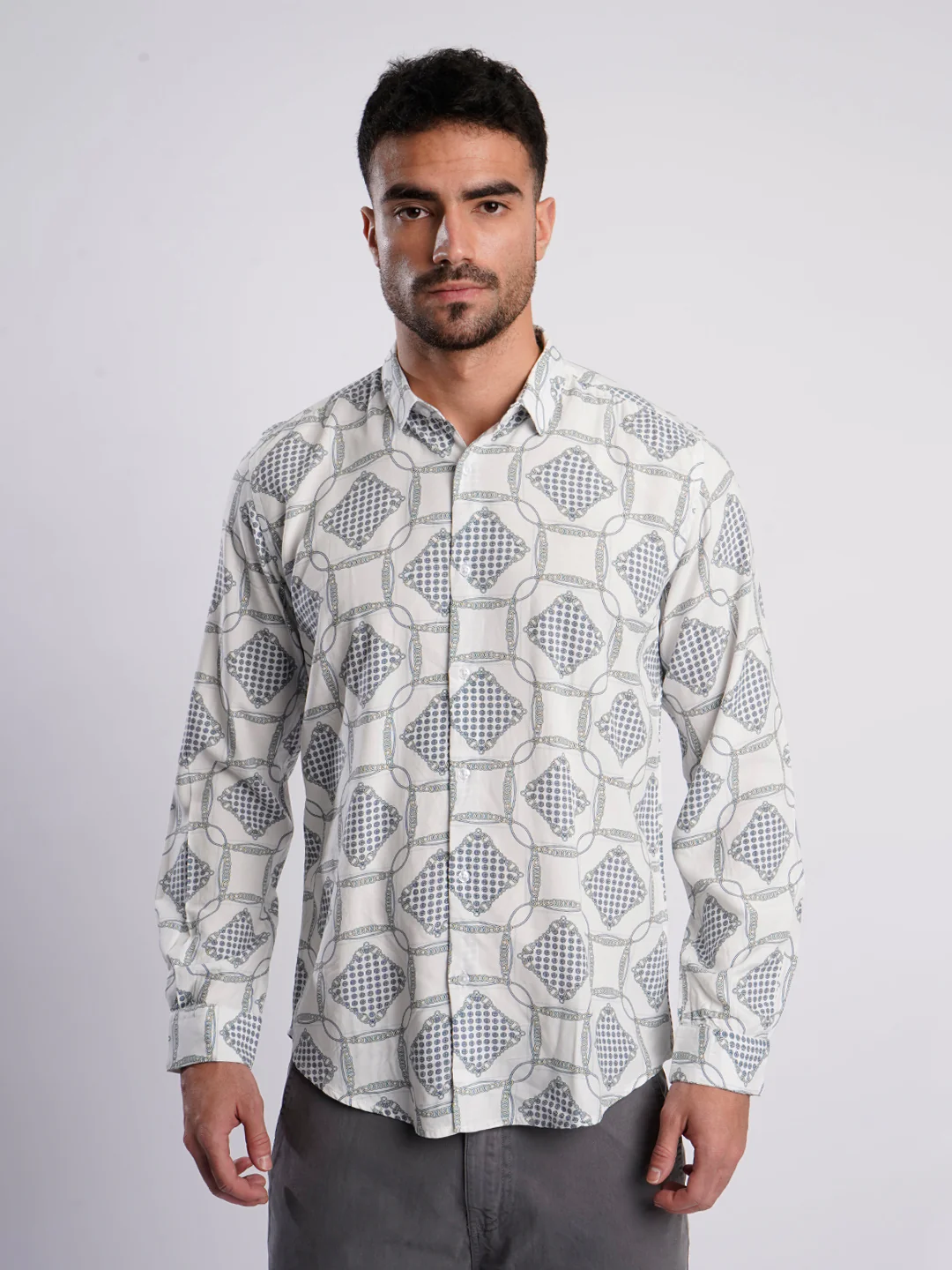Men White and Blue Abstract Printed Shirt - Image 8