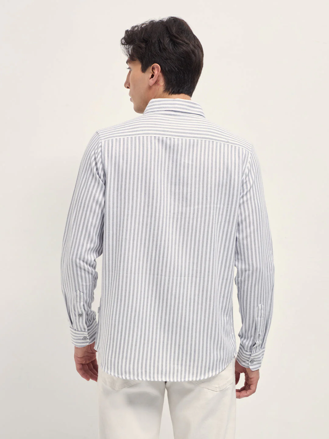 Men White and Grey Vertical Stripe Slim Fit Casual Shirt - Image 2