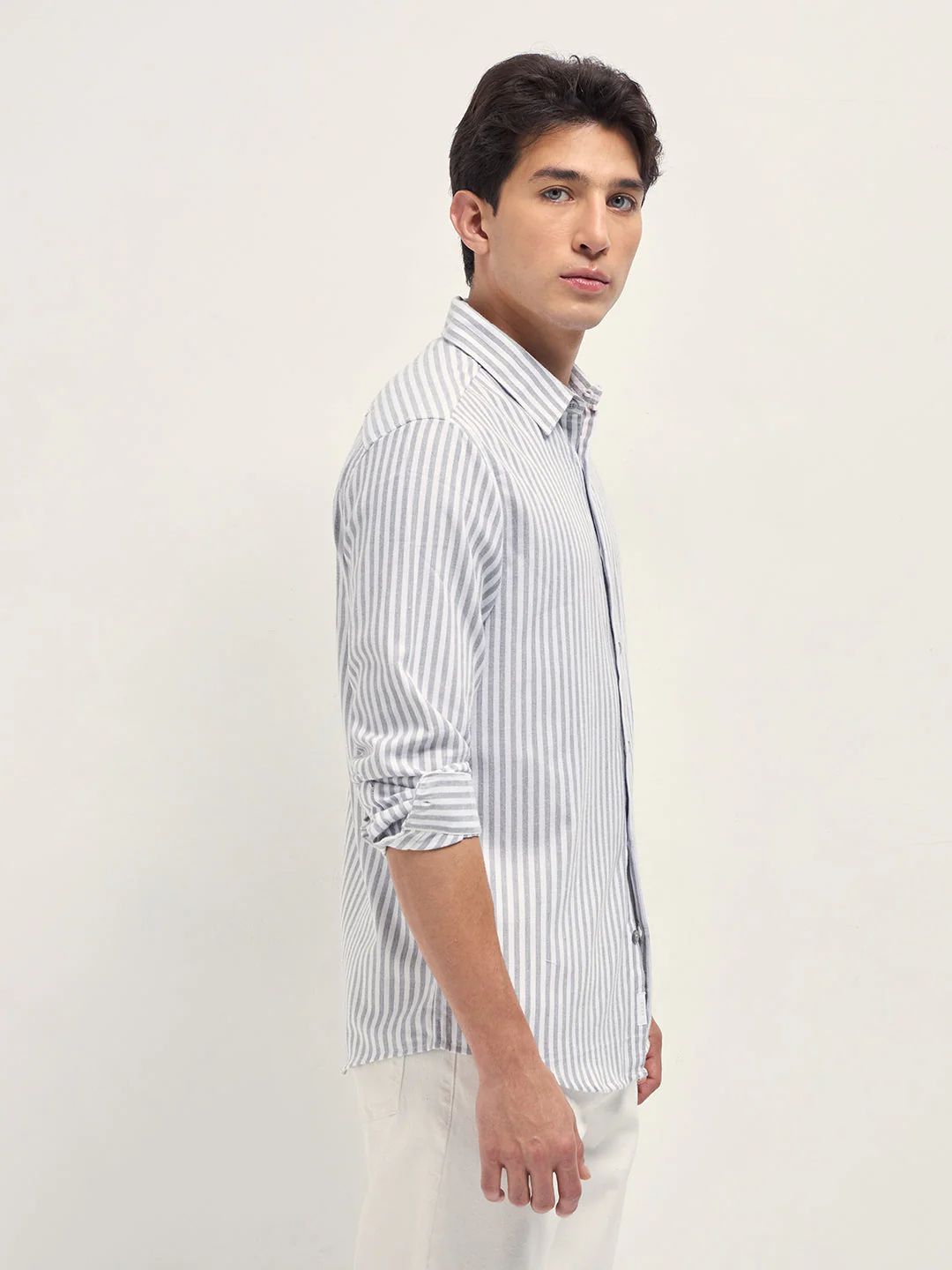 Men White and Grey Vertical Stripe Slim Fit Casual Shirt - Image 3