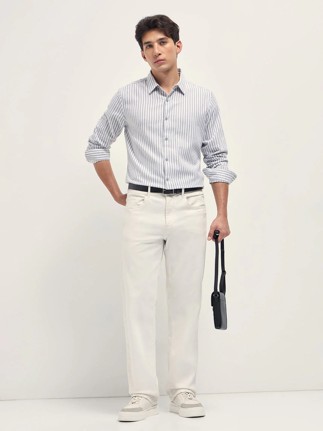 Men White and Grey Vertical Stripe Slim Fit Casual Shirt - Image 4