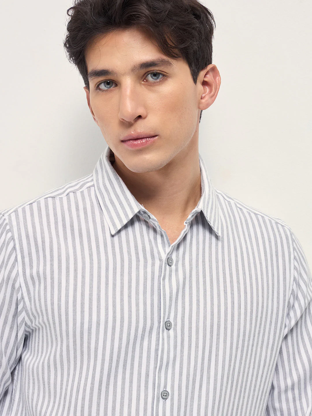 Men White and Grey Vertical Stripe Slim Fit Casual Shirt - Image 5