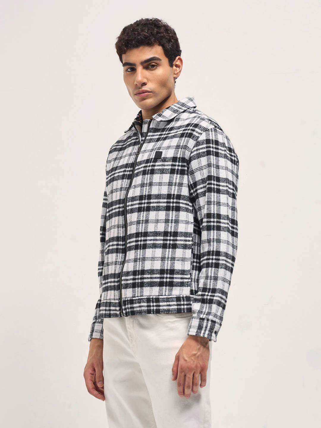 Men White & Black Regular Fit Flannel Check Jacket - Image 3