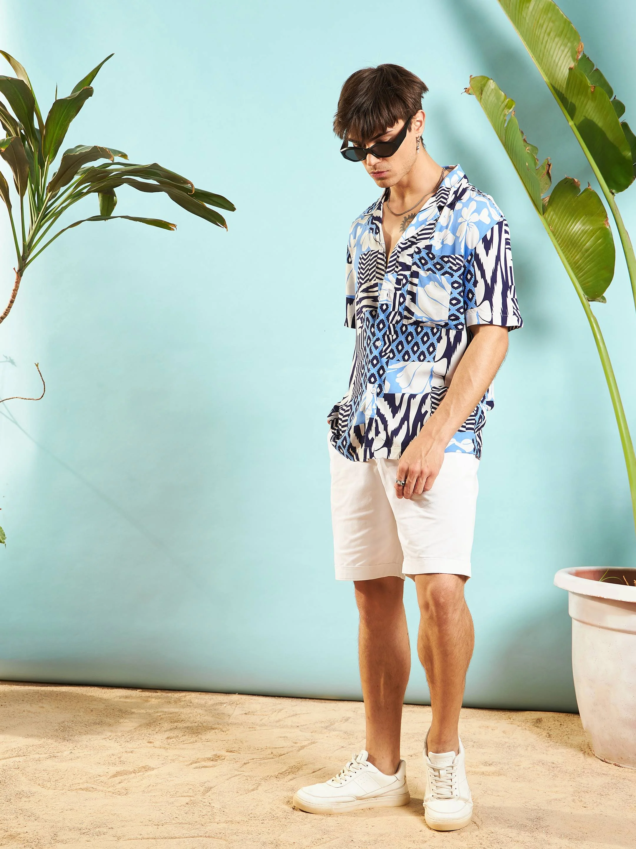 Men White & Blue Leopard Relax Fit Shirt - Image 2
