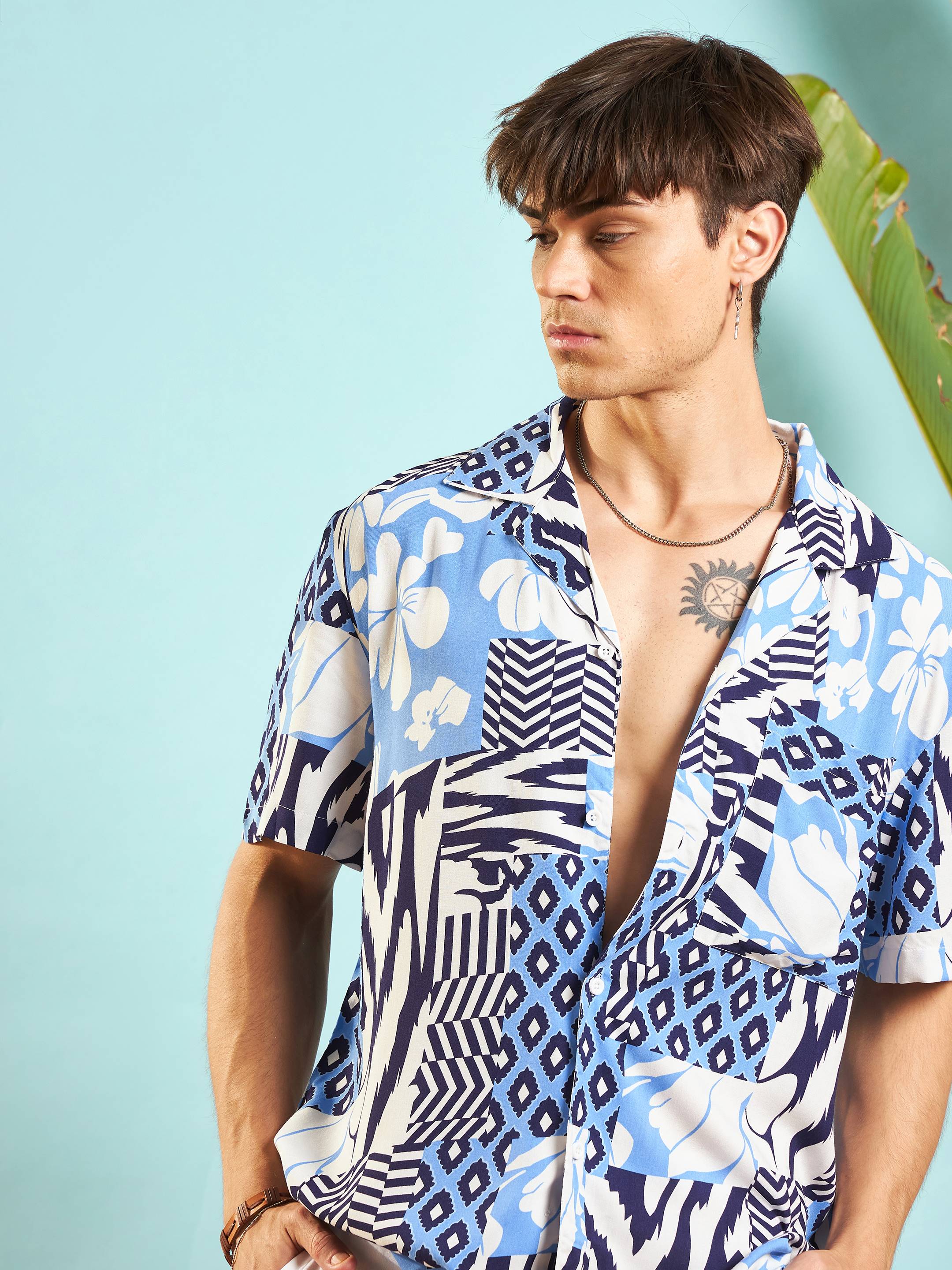 Men White & Blue Leopard Relax Fit Shirt - Image 4