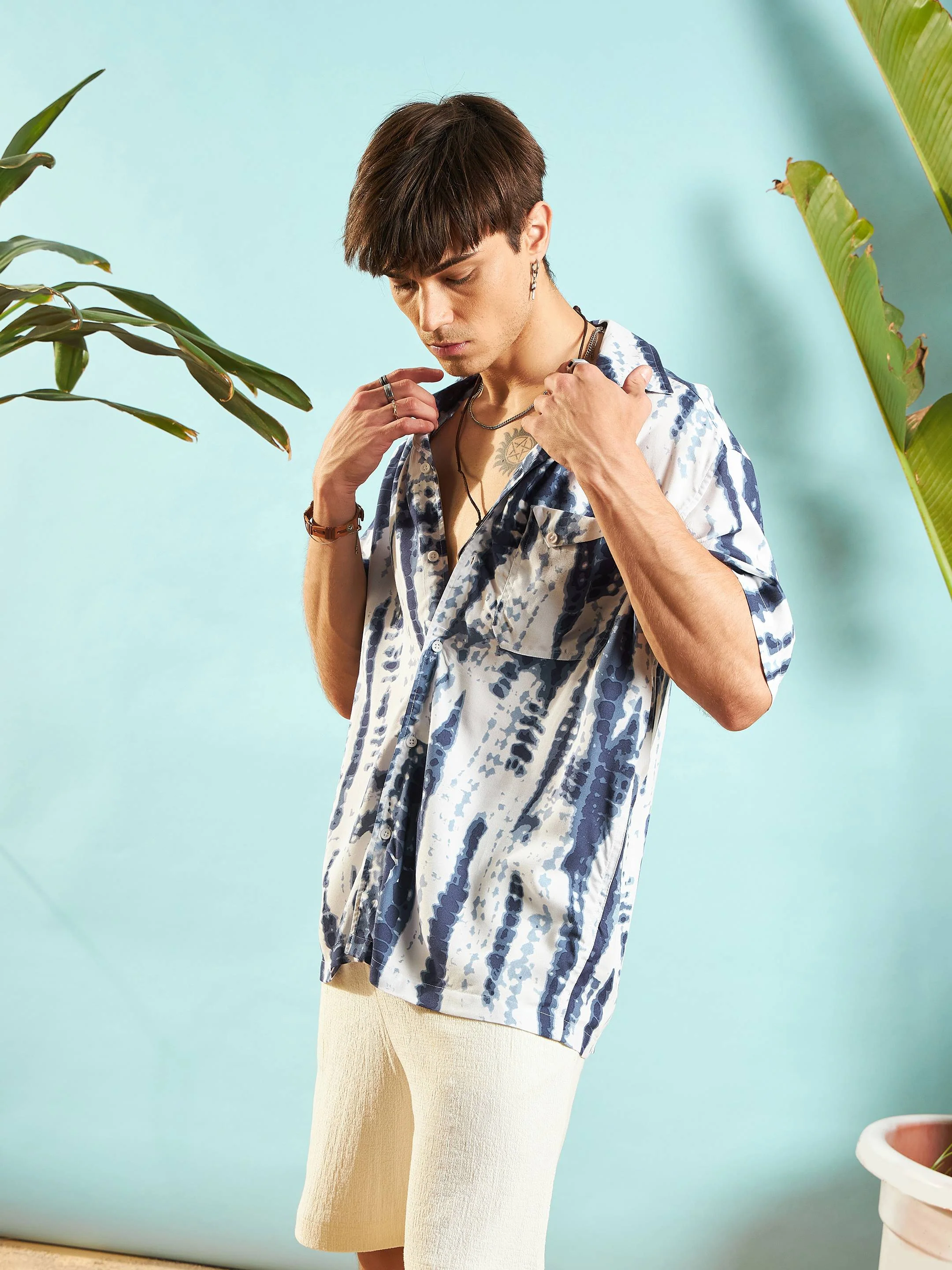 Men White & Blue Tie Dye Relax Fit Shirt - Image 5