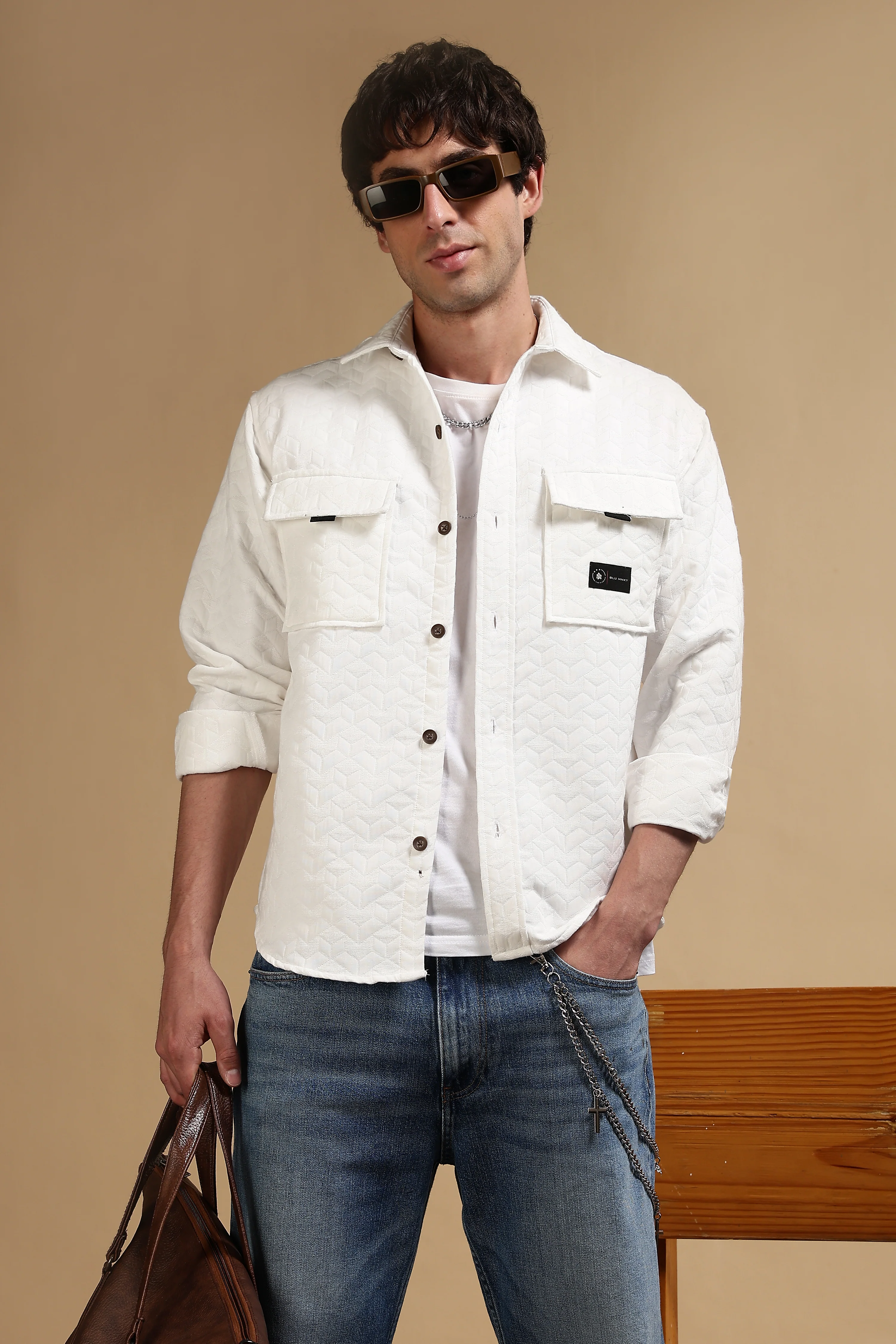 Men White Casual Shacket - Image 2