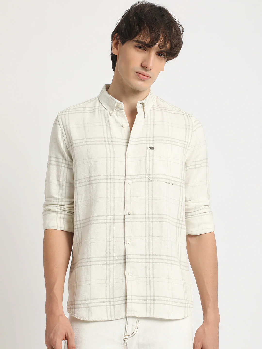 Men  White Checked Slim Fit Cotton Casual Shirt - Image 2