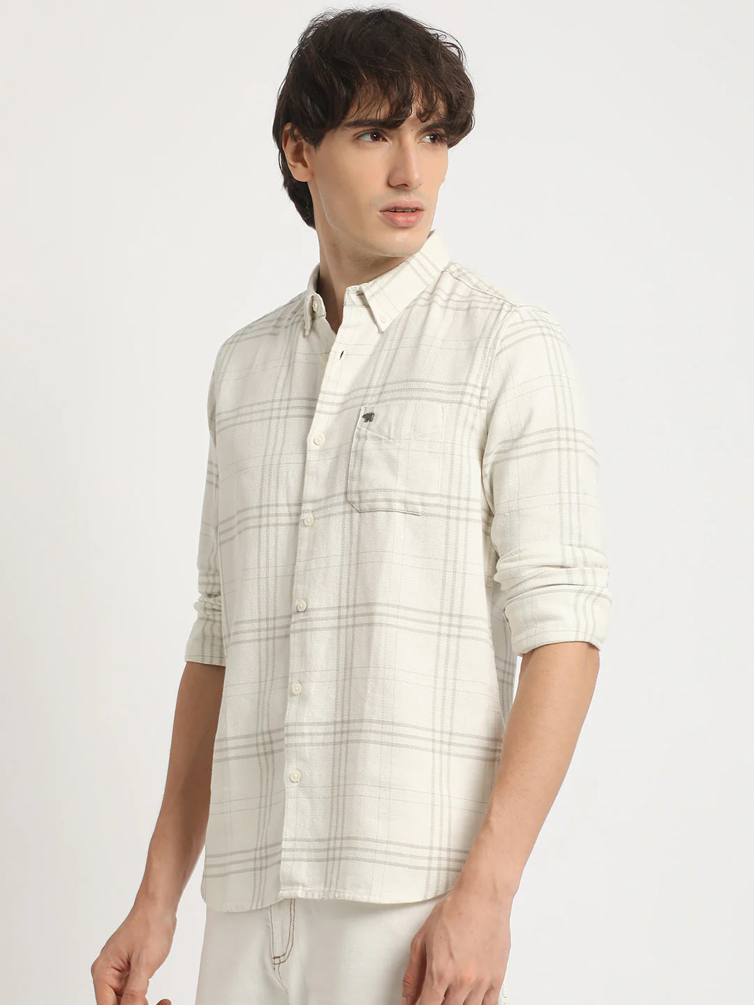 Men  White Checked Slim Fit Cotton Casual Shirt - Image 3