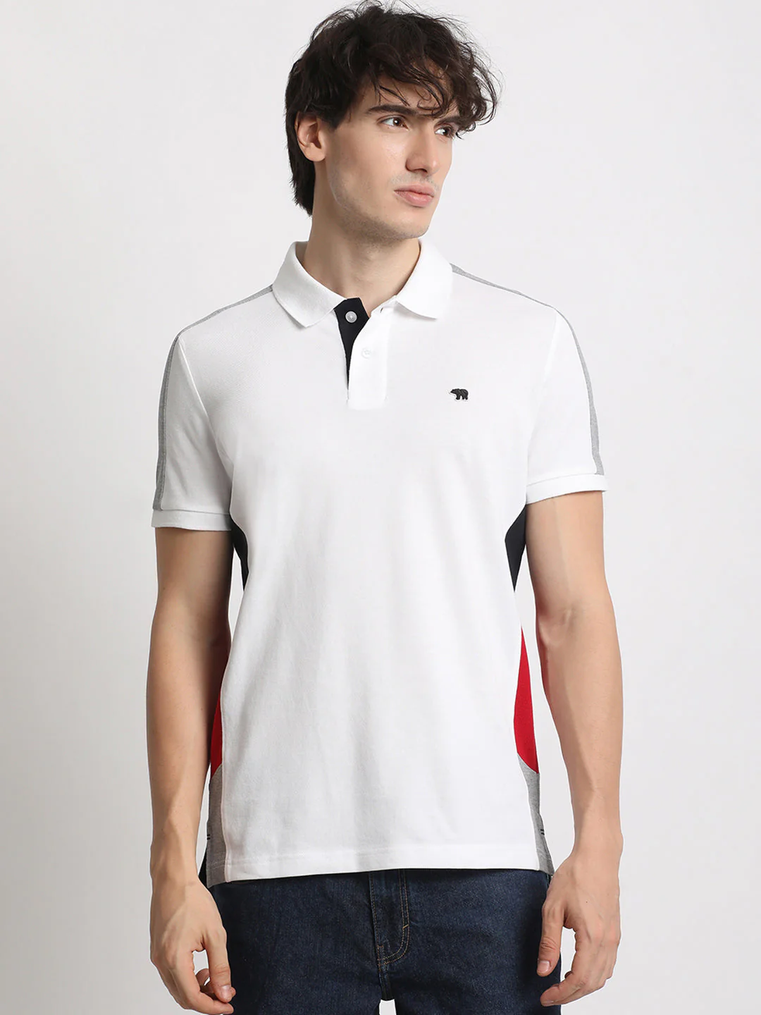 Men White Colourblocked Slim Fit Polo Collar T-shirt - Image 2