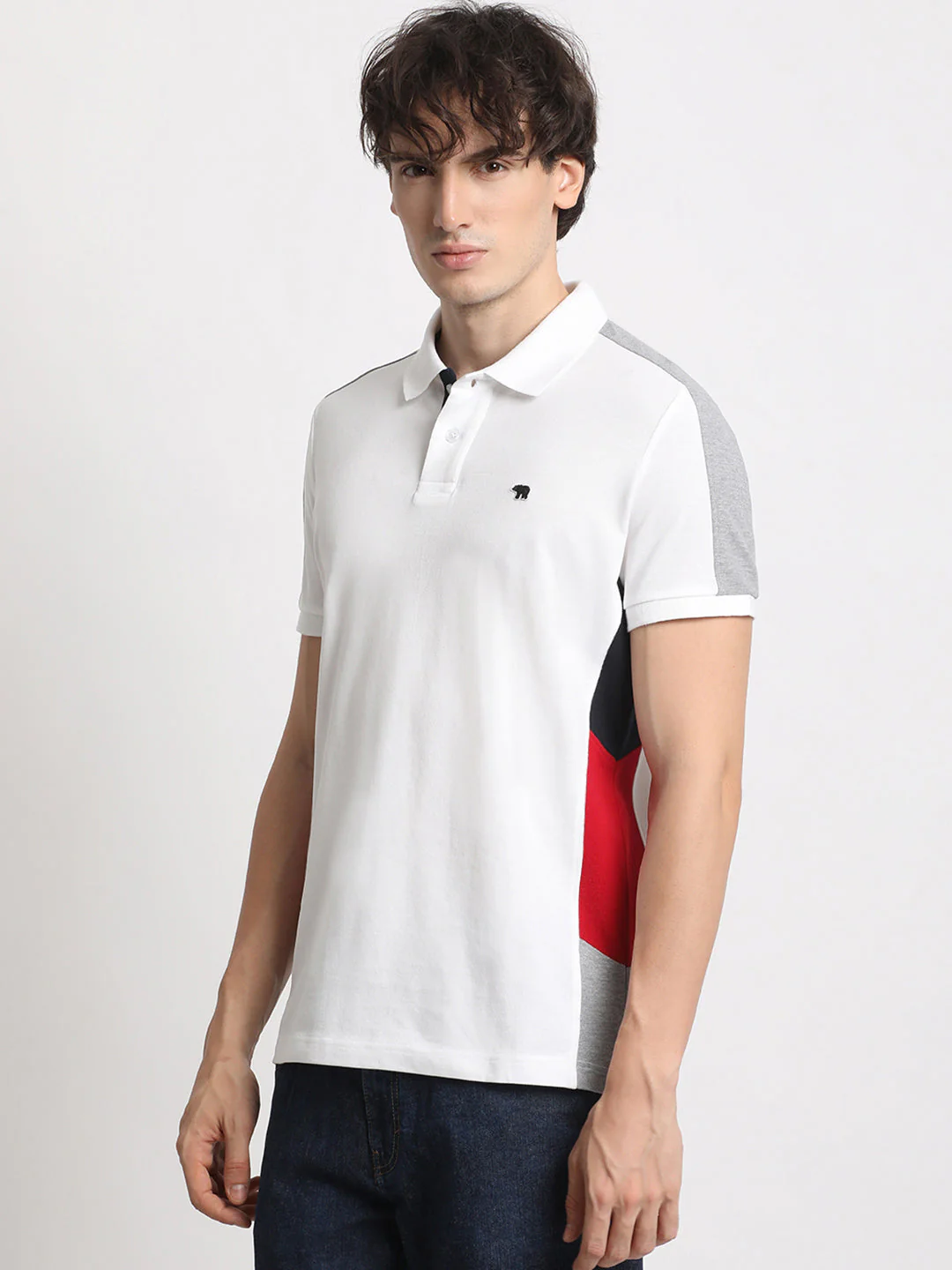 Men White Colourblocked Slim Fit Polo Collar T-shirt - Image 3