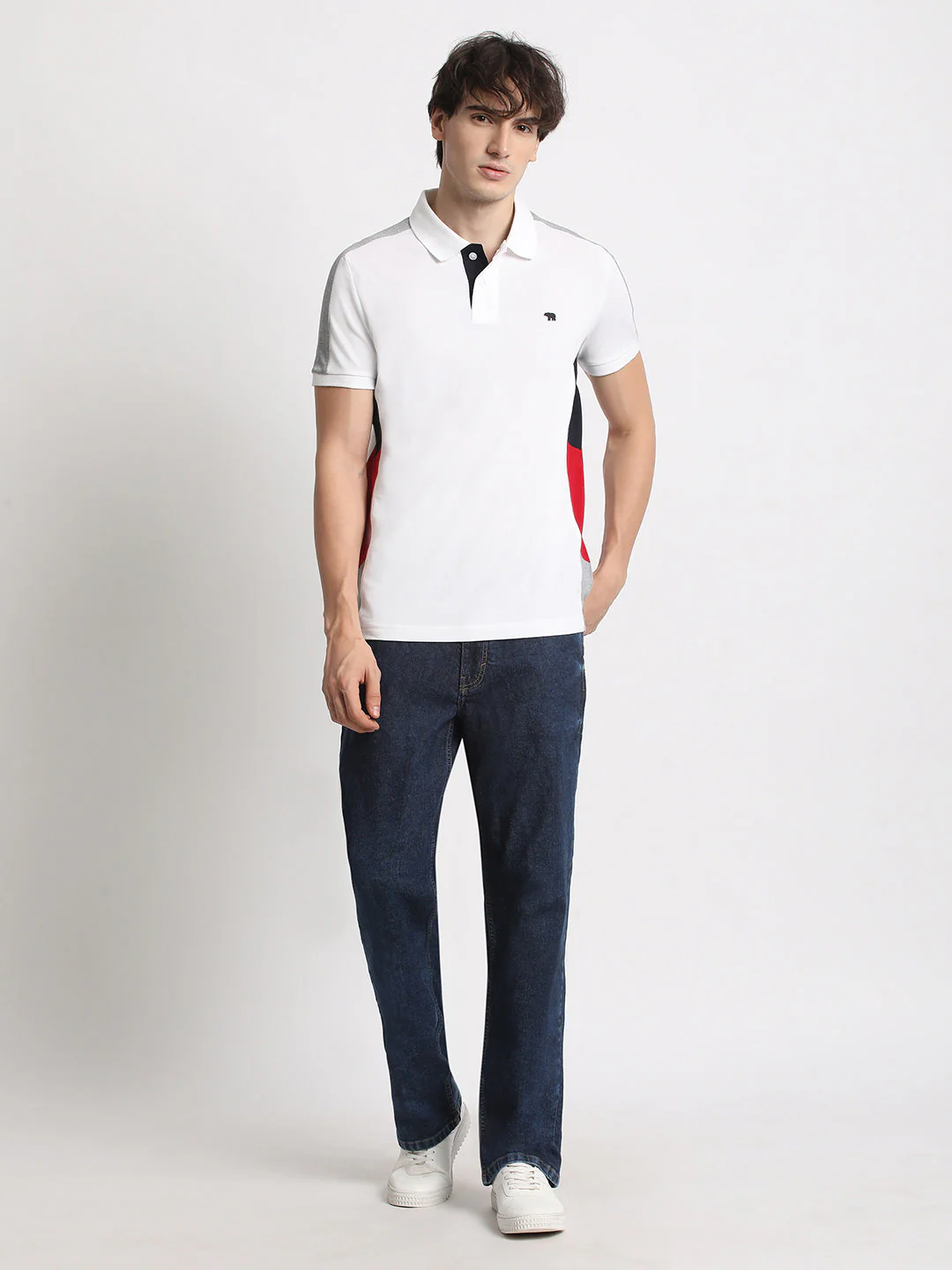 Men White Colourblocked Slim Fit Polo Collar T-shirt - Image 5