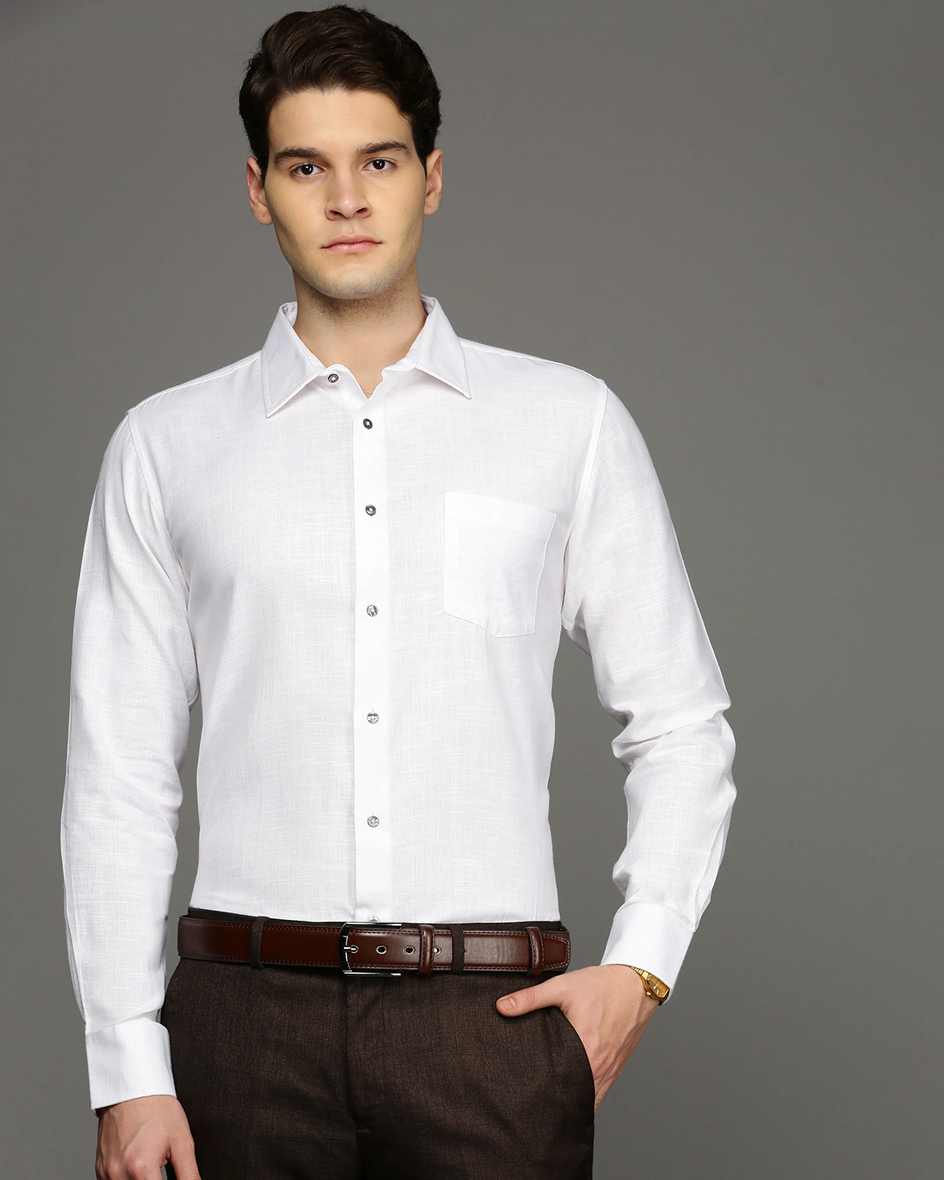 Men White Cotton Blend Slim Shirt
