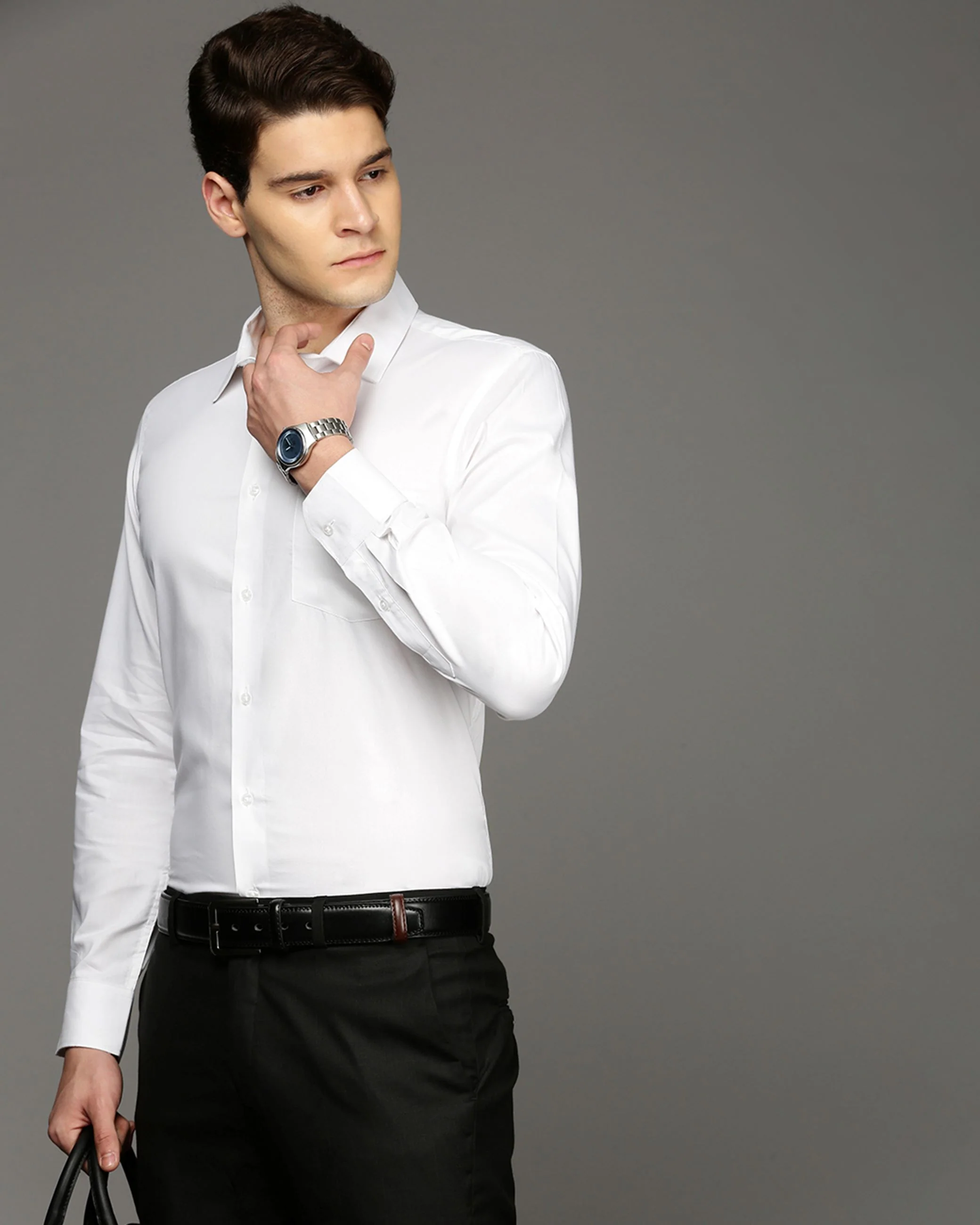 Men White Cotton Blend Slim Shirt
