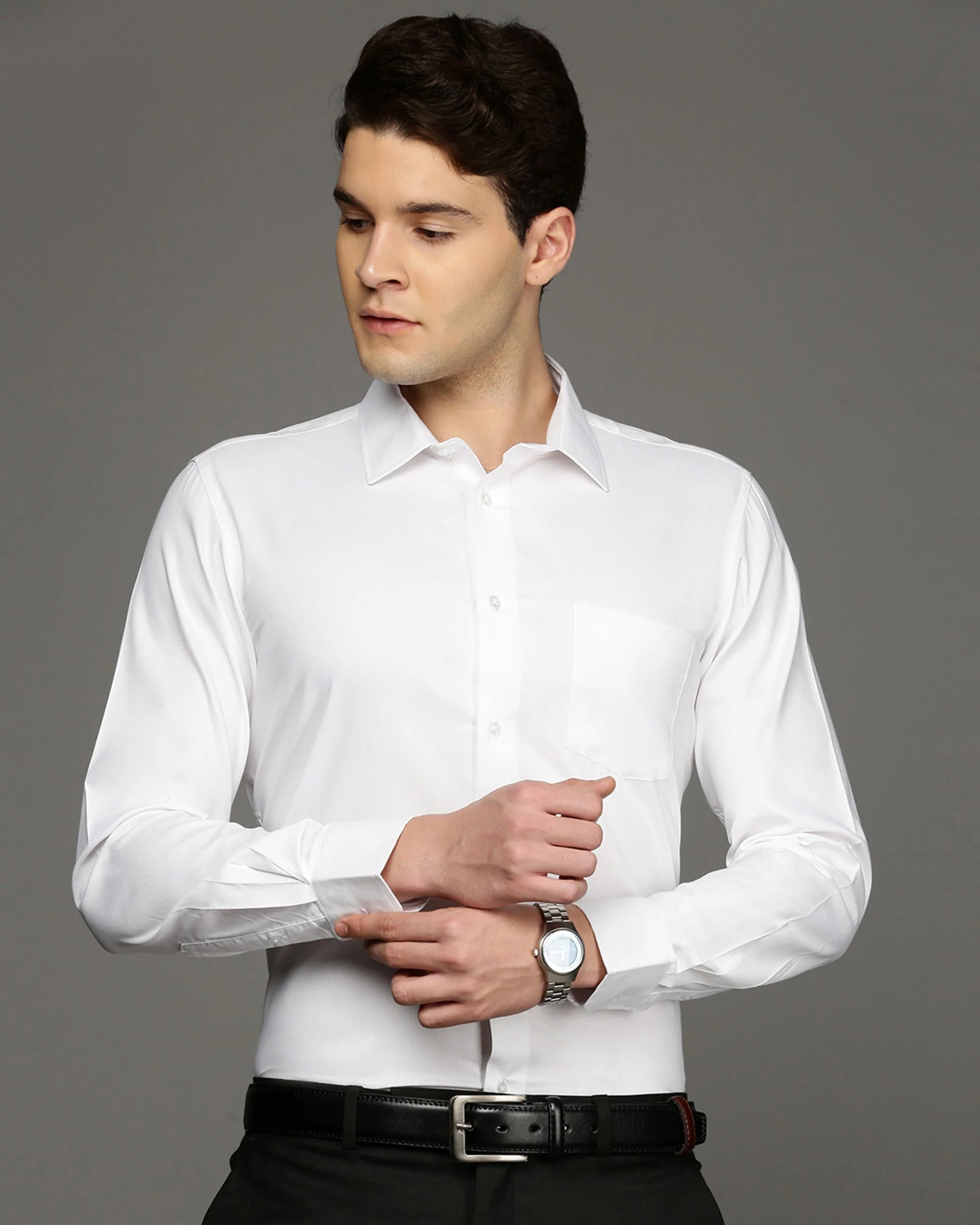 Men White Cotton Blend Slim Shirt - Image 2