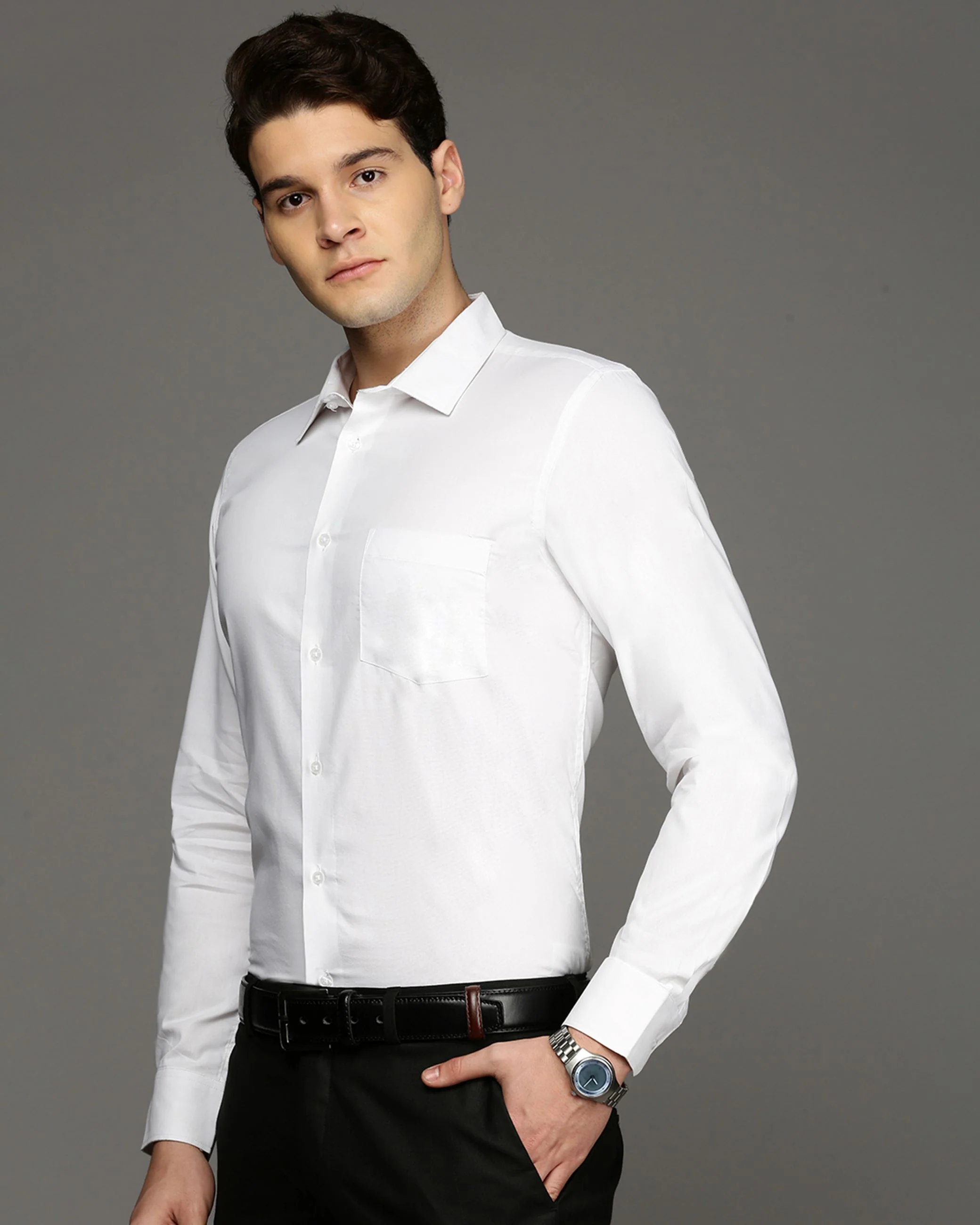 Men White Cotton Blend Slim Shirt - Image 3