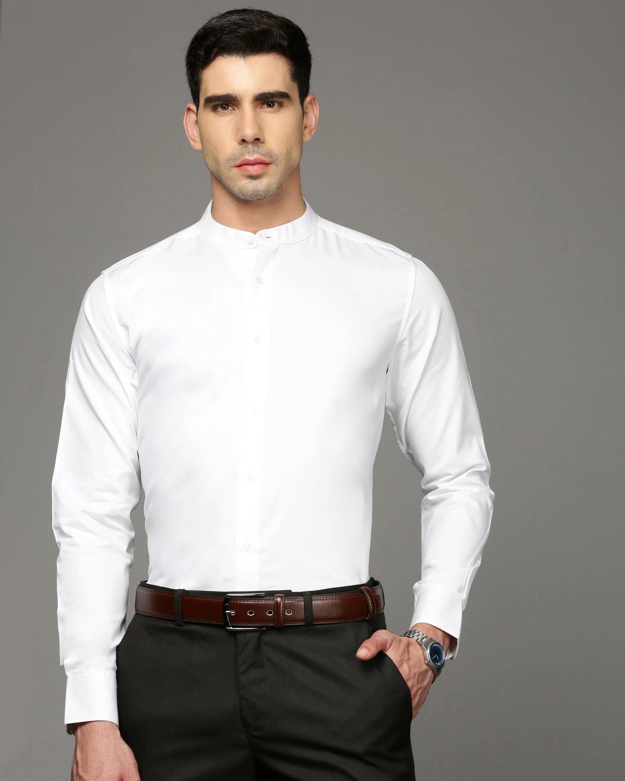 Men White Cotton Blend Slim Shirt - Image 2