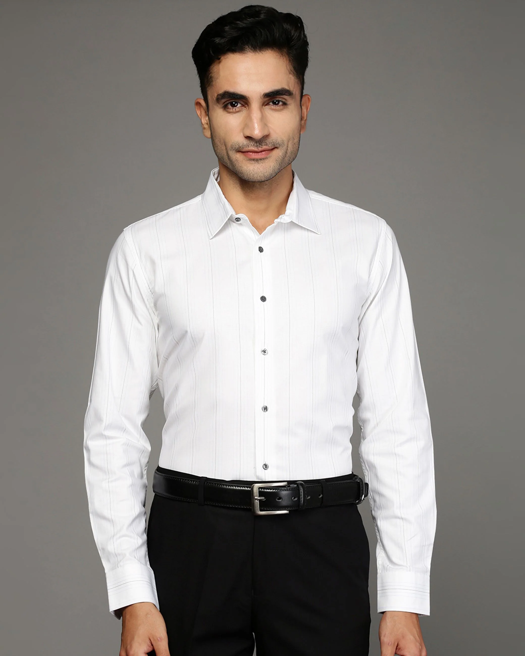 Men White Cotton Blend Slim Shirt - Image 2