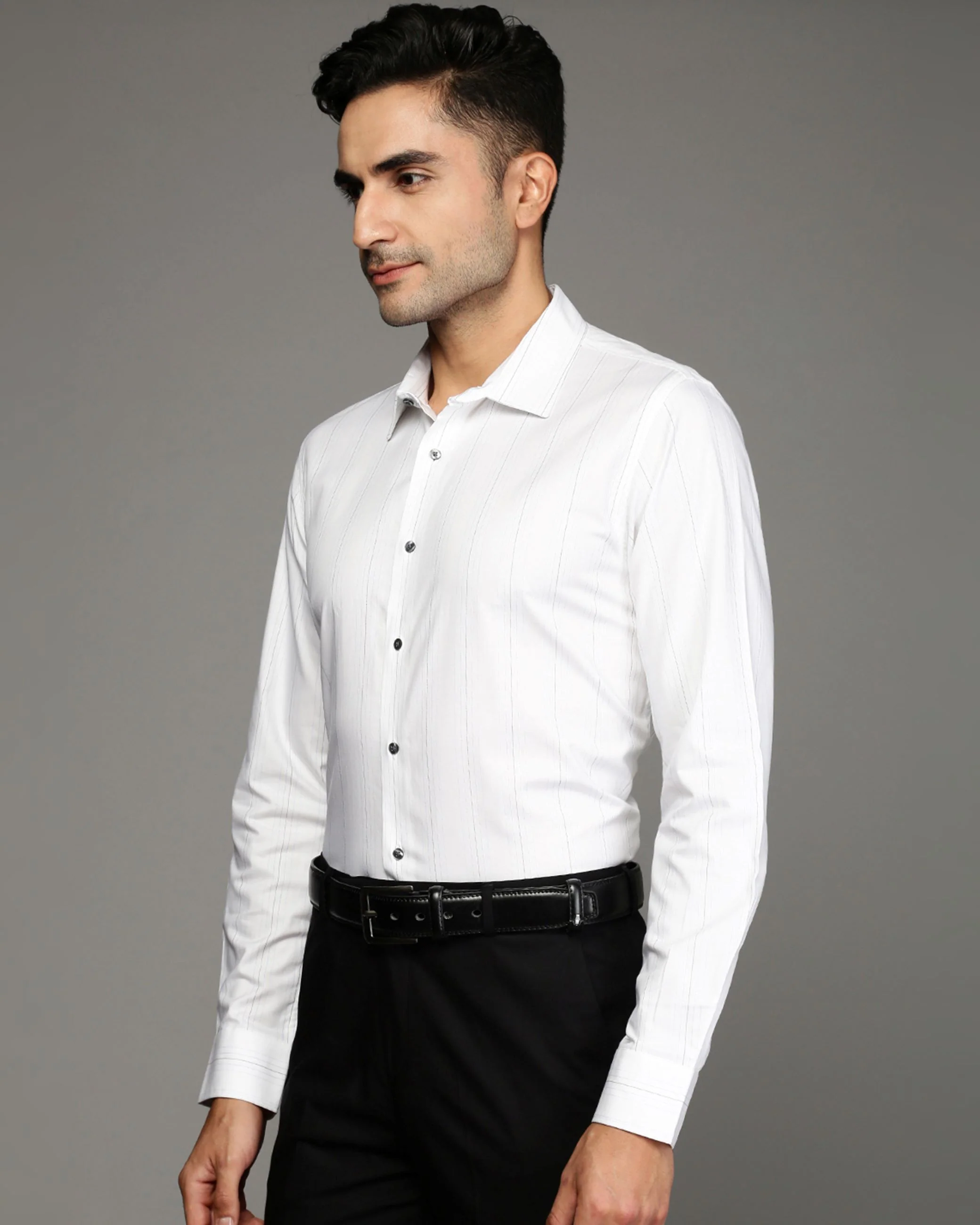 Men White Cotton Blend Slim Shirt - Image 3