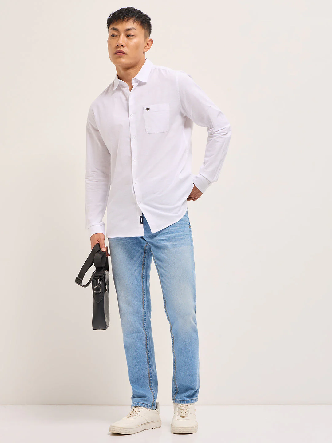 Men White Cotton Linen Slim Fit Solid Casual Shirt - Image 6