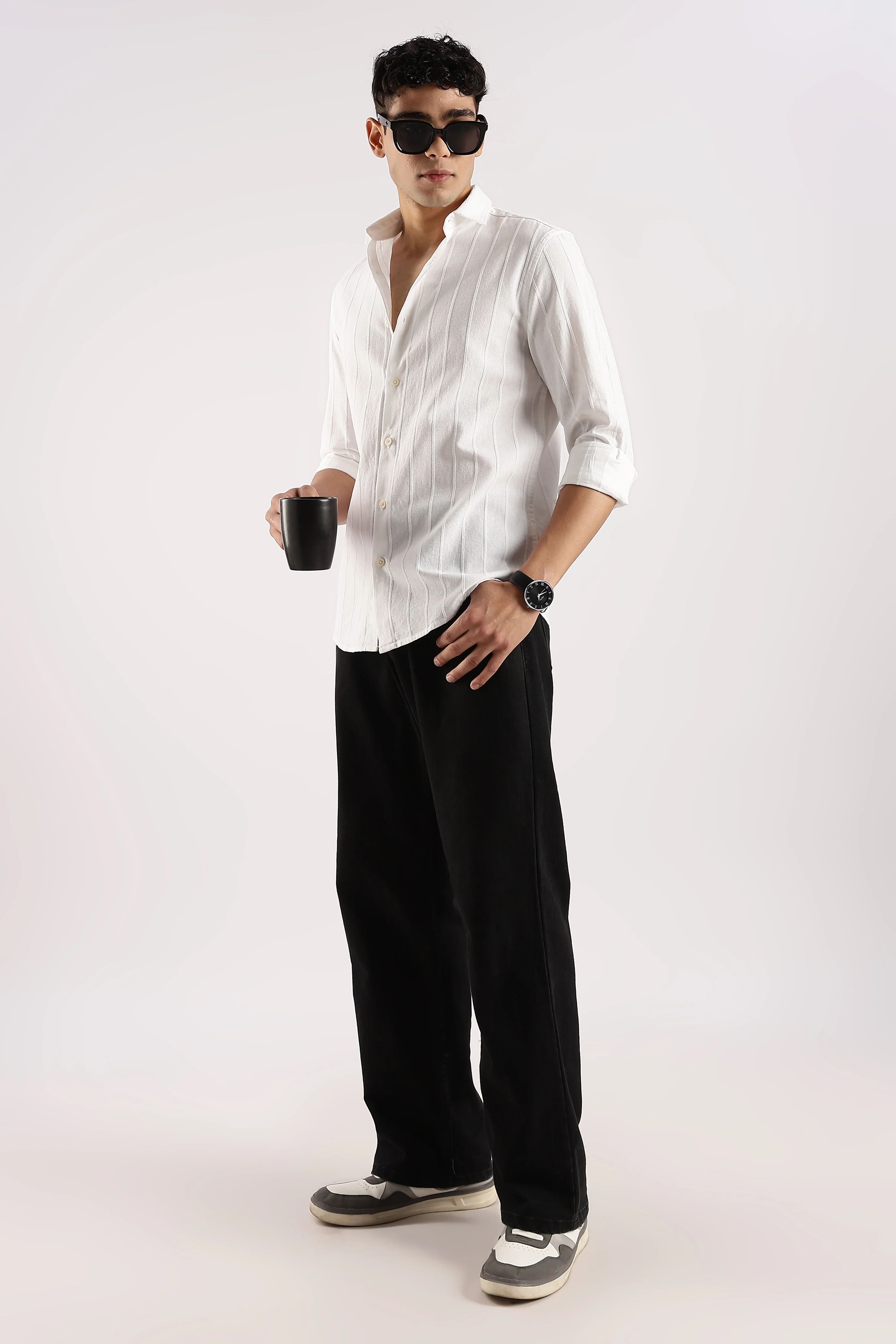 Men White Cotton Self-Striped Shirt - Image 10