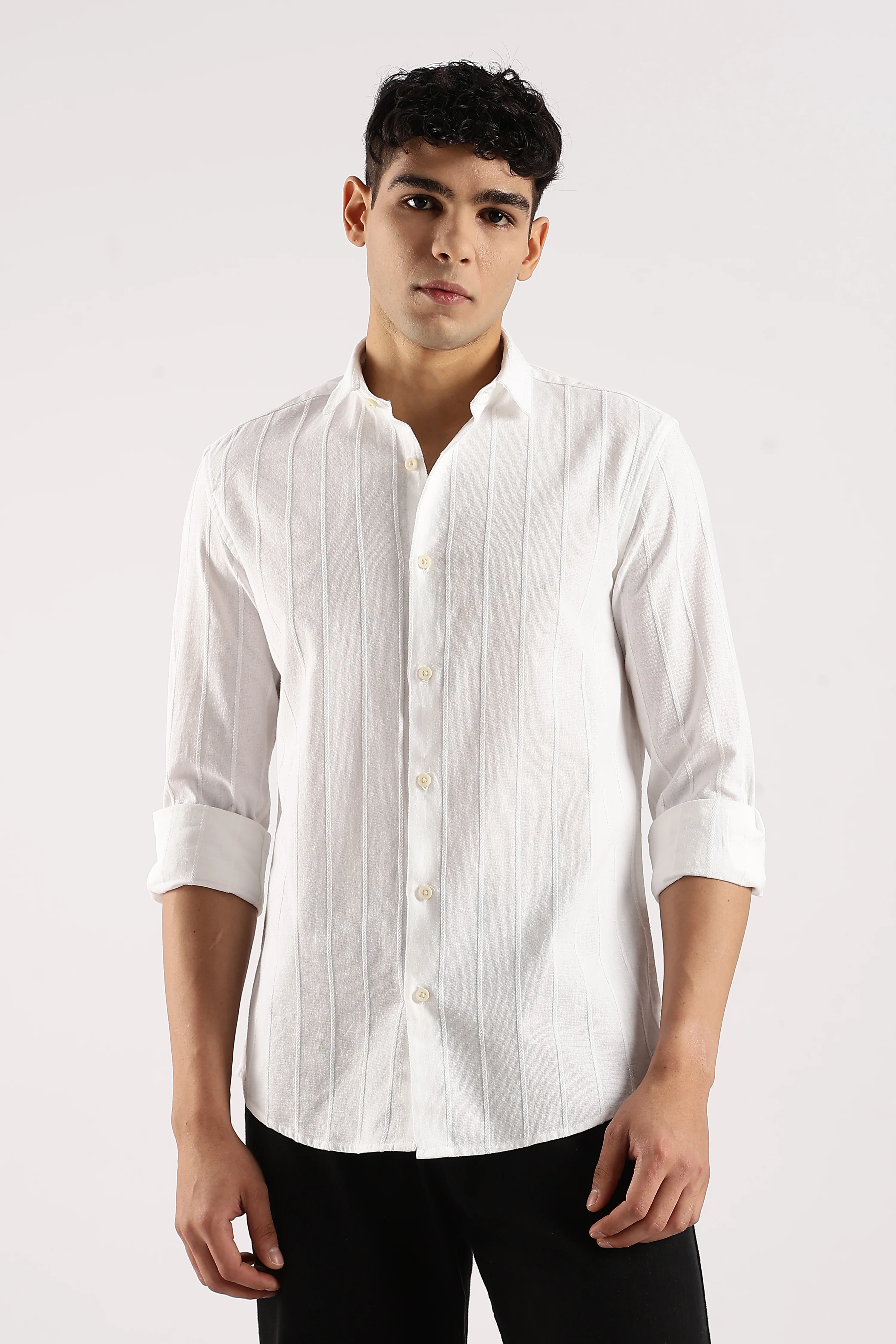 Men White Cotton Self-Striped Shirt - Image 2