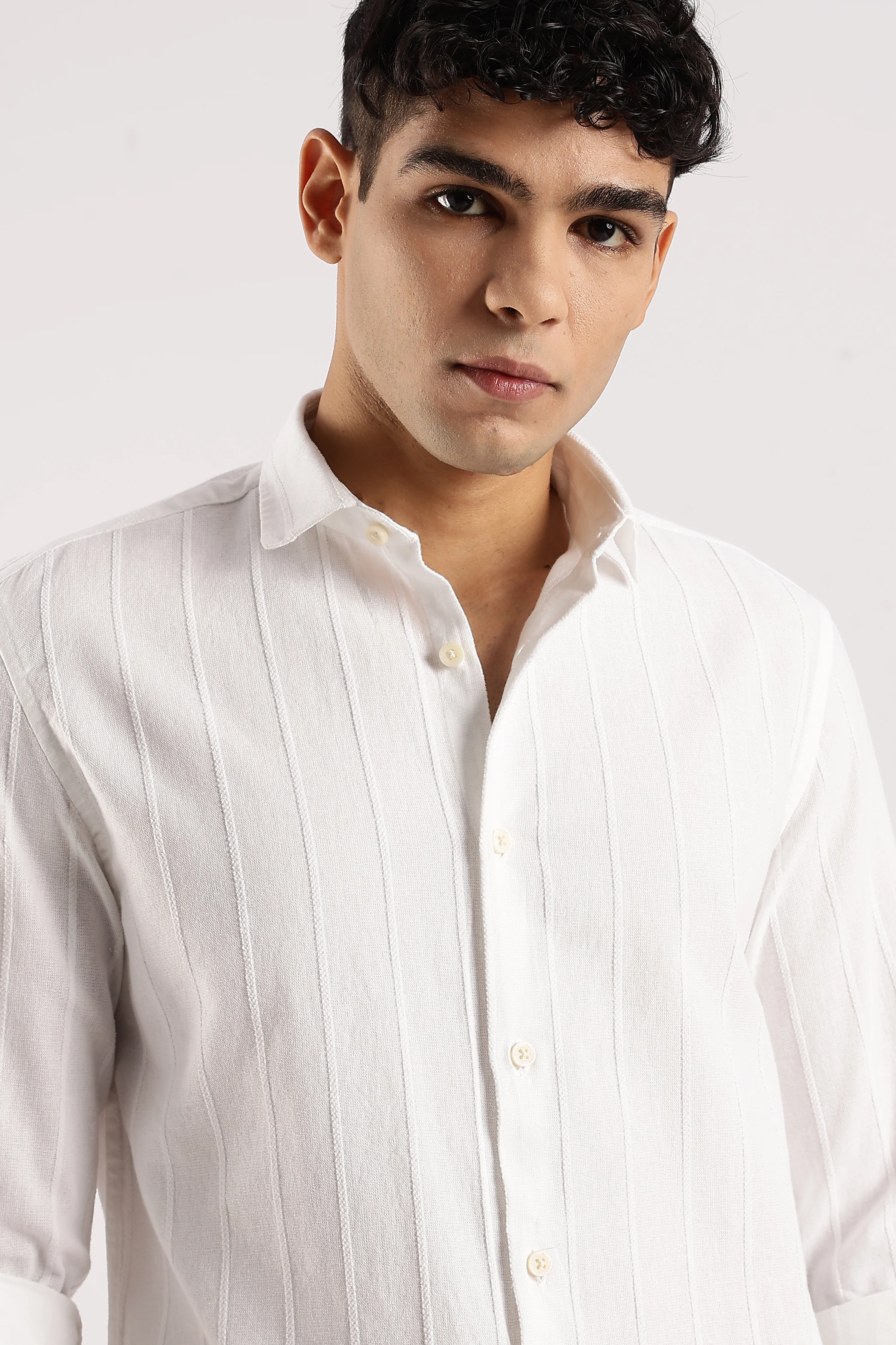 Men White Cotton Self-Striped Shirt - Image 3