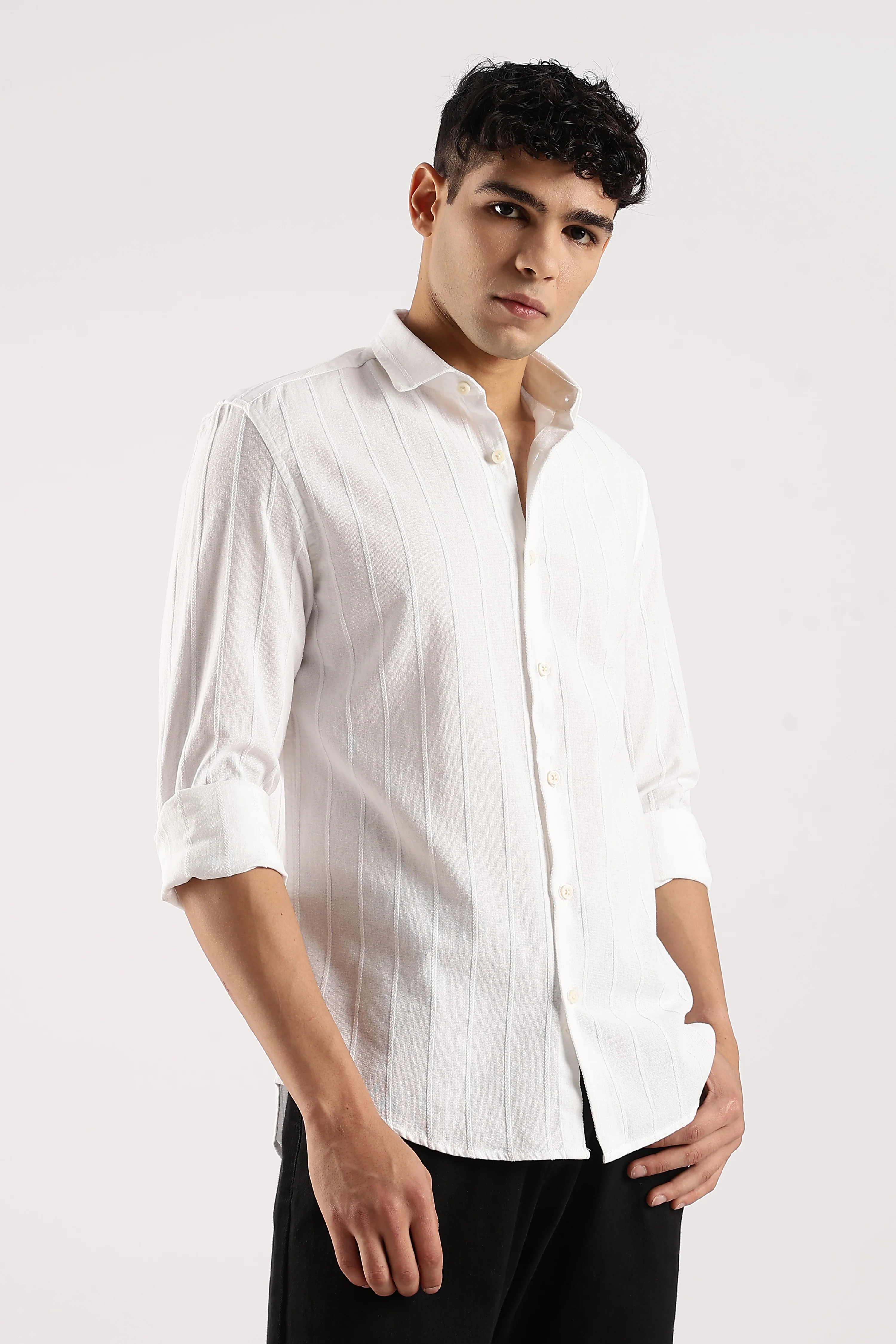 Men White Cotton Self-Striped Shirt - Image 4