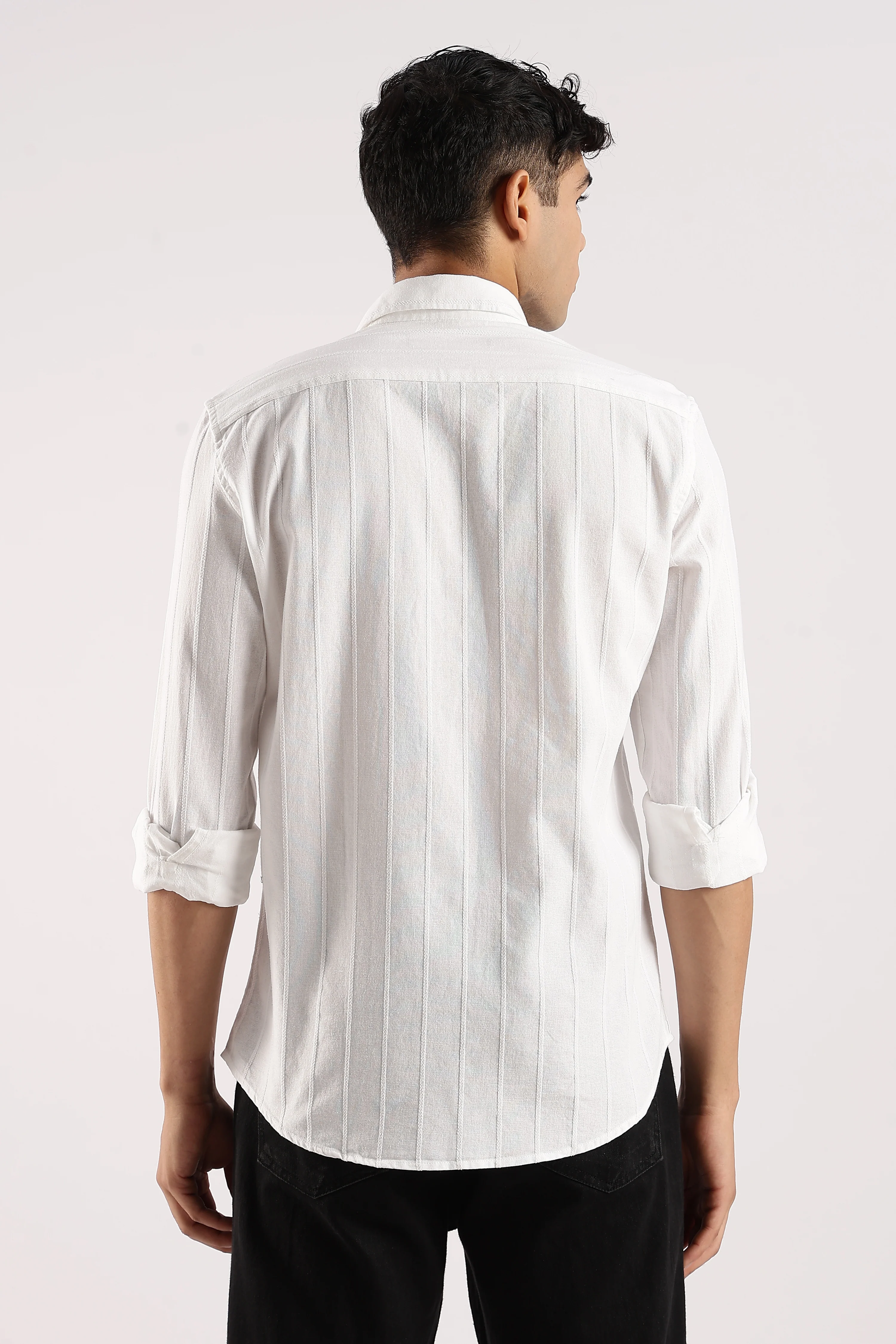 Men White Cotton Self-Striped Shirt - Image 5