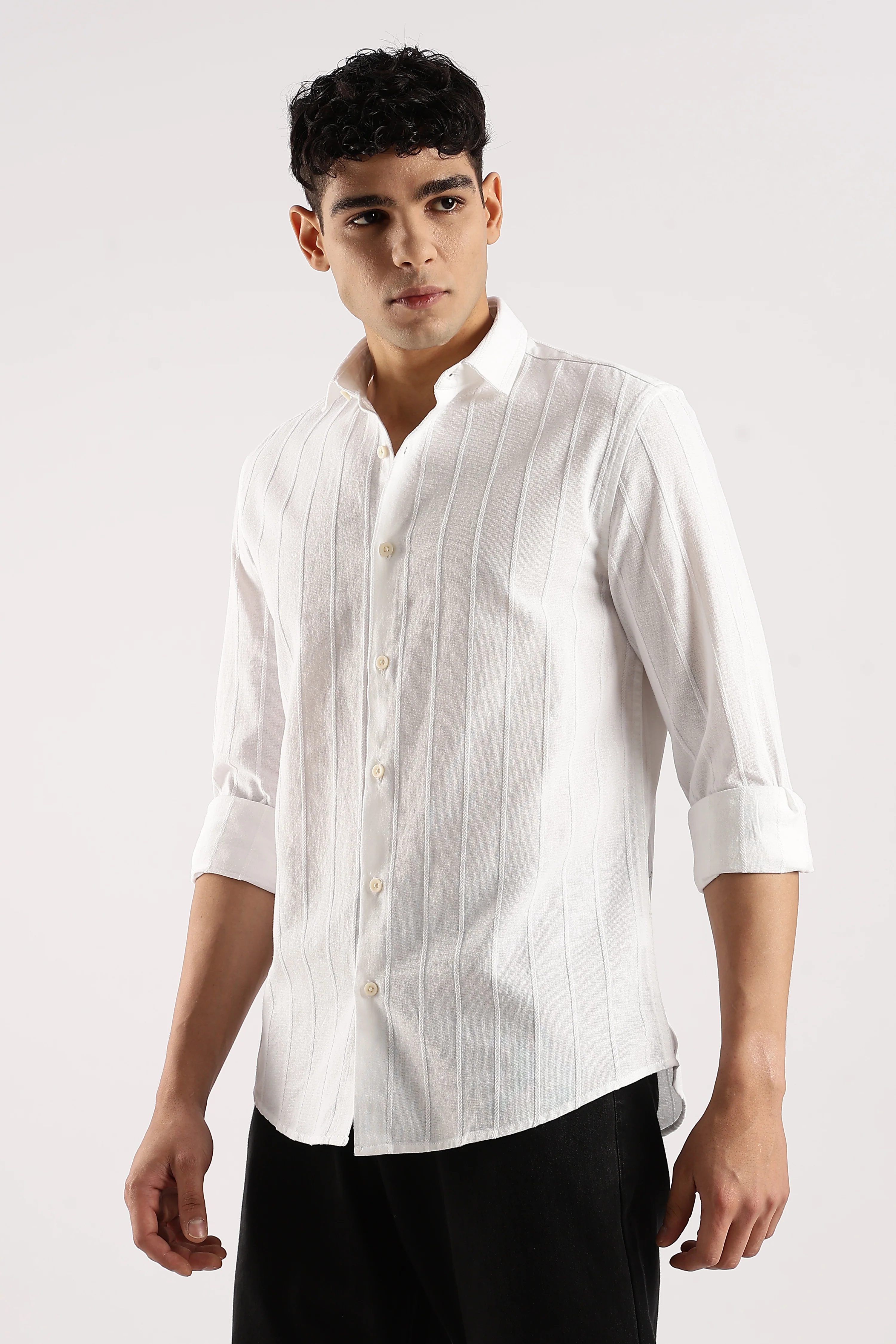 Men White Cotton Self-Striped Shirt - Image 6