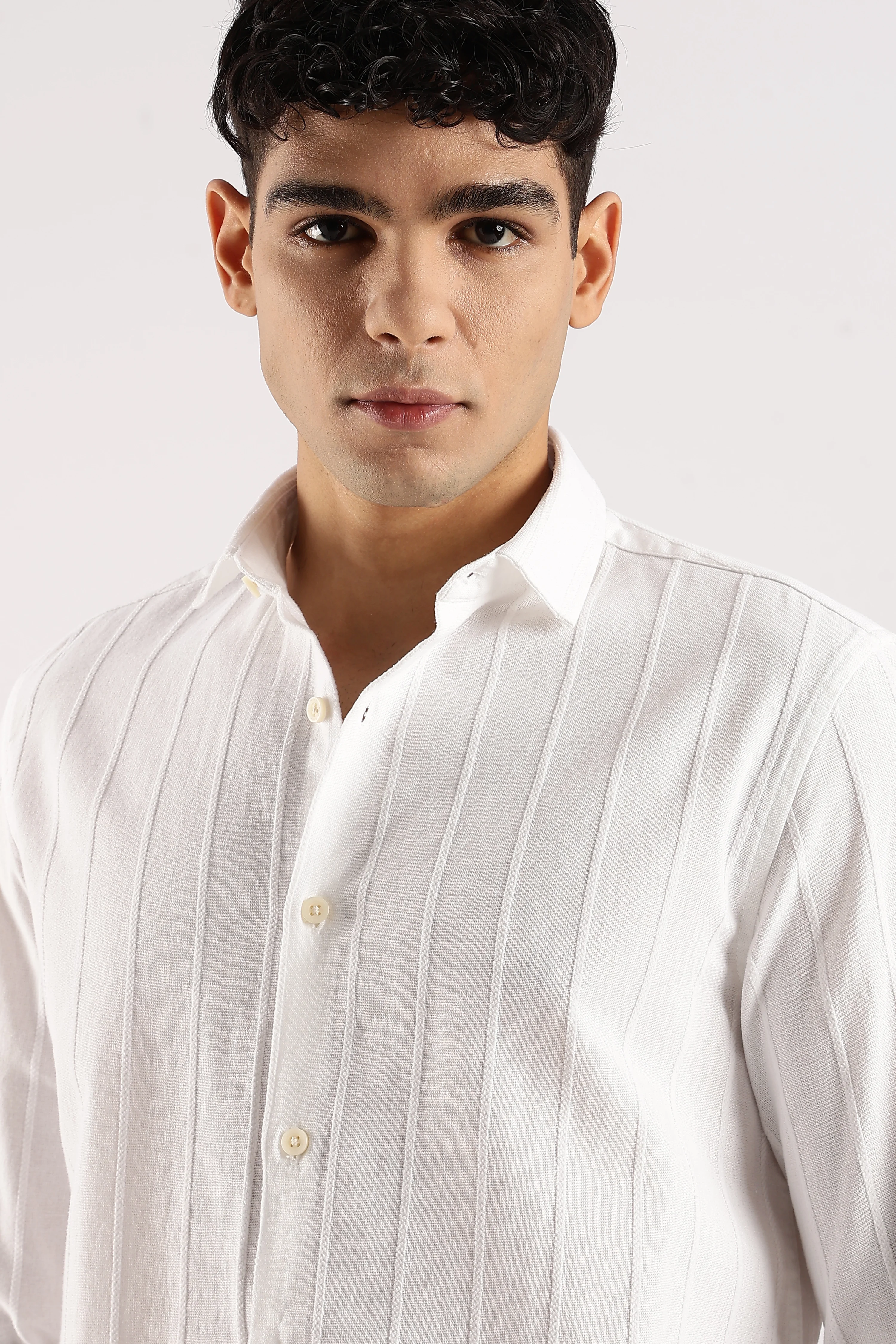 Men White Cotton Self-Striped Shirt - Image 7