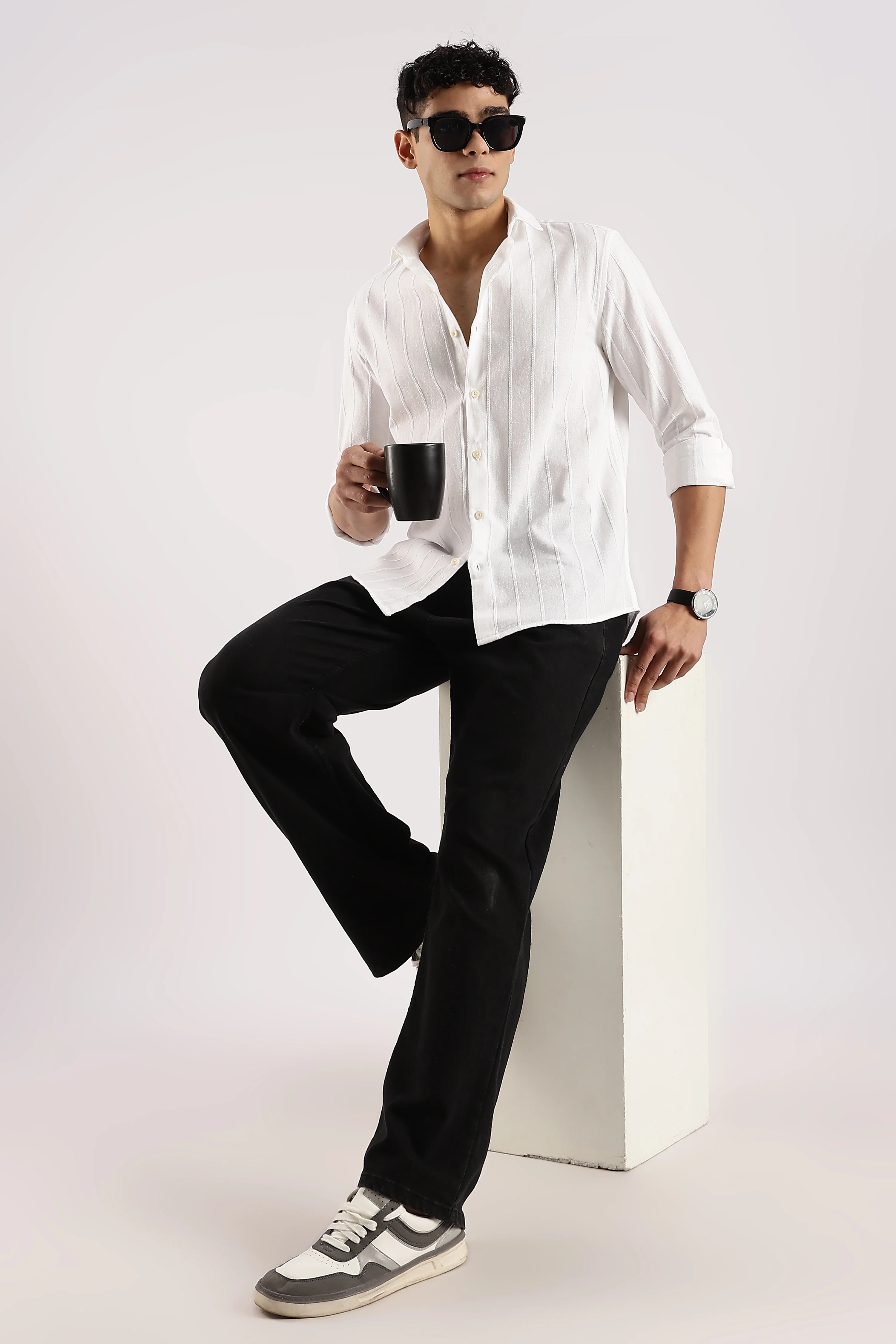 Men White Cotton Self-Striped Shirt - Image 8