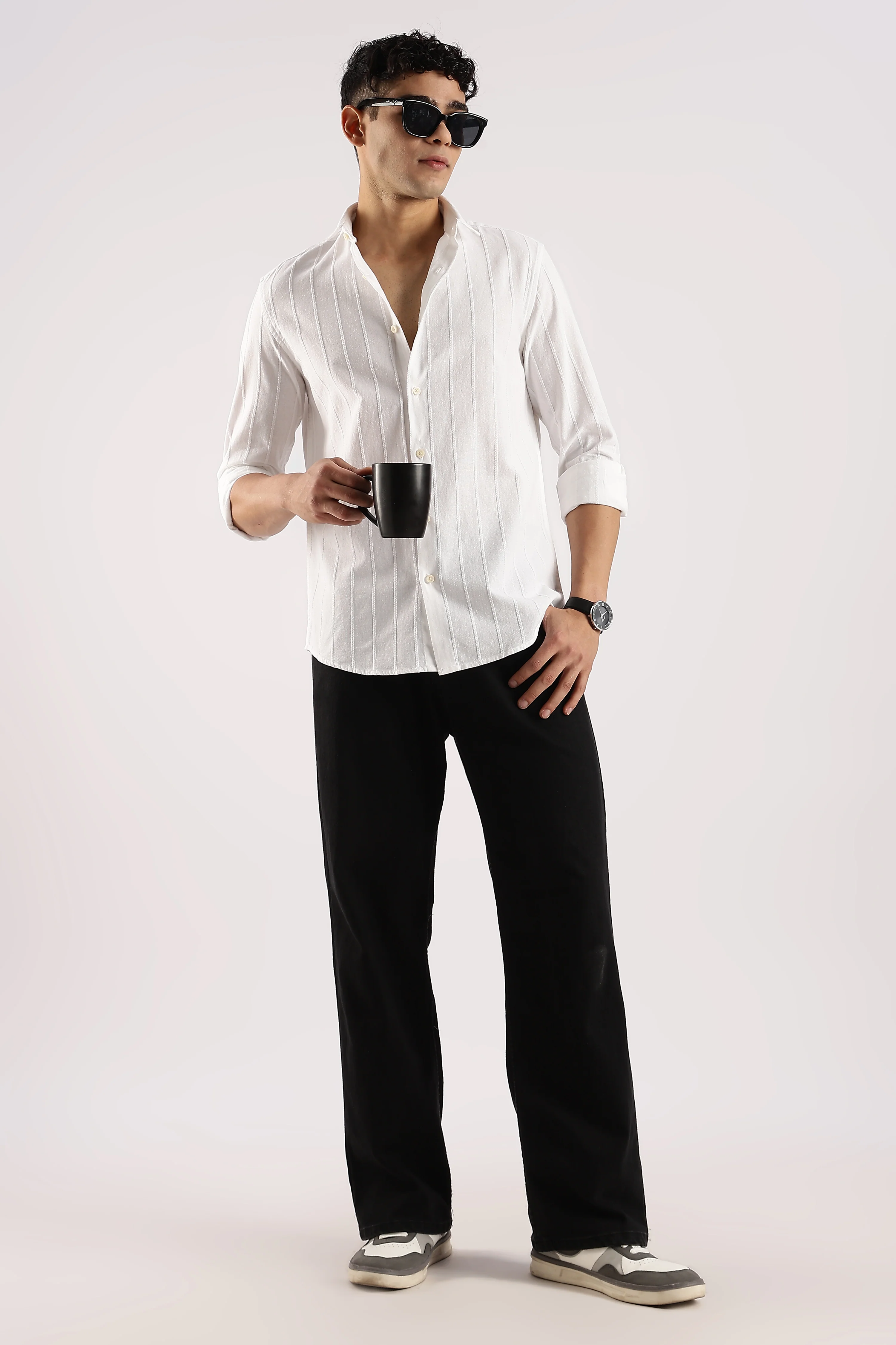 Men White Cotton Self-Striped Shirt - Image 9