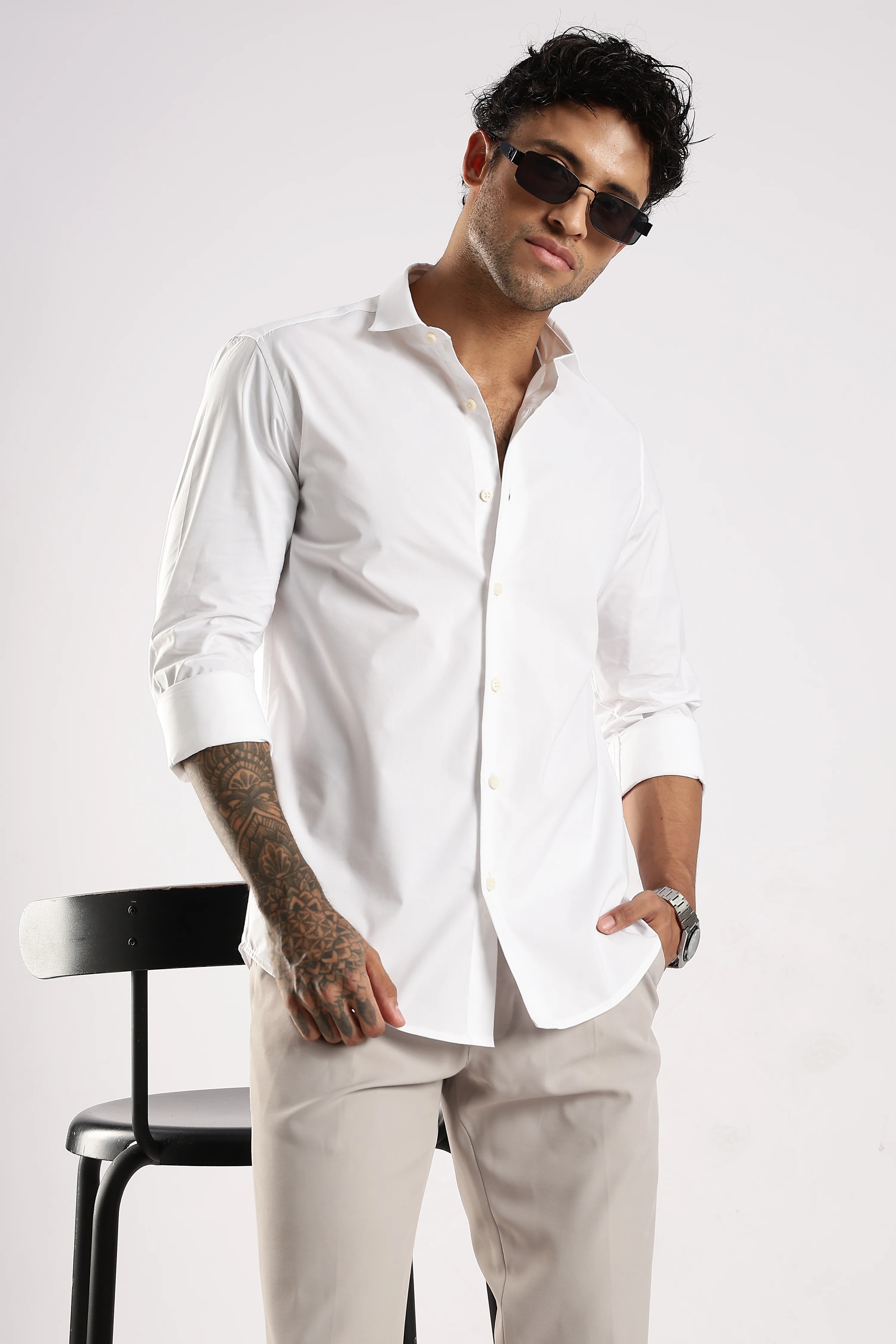 Men White Cotton Slim Fit Shirt - Image 10