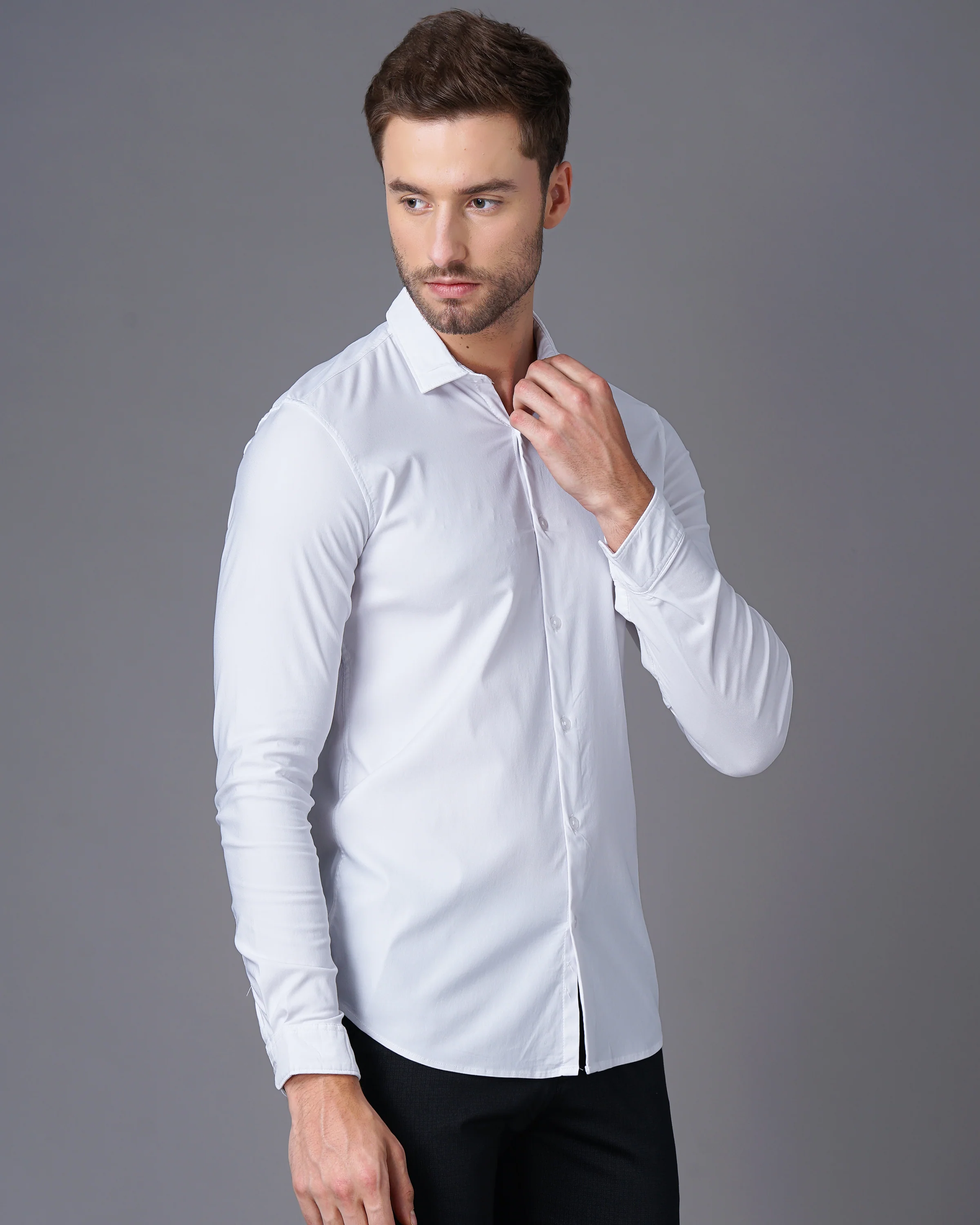 Men White Cotton Slim Shirt - Image 5