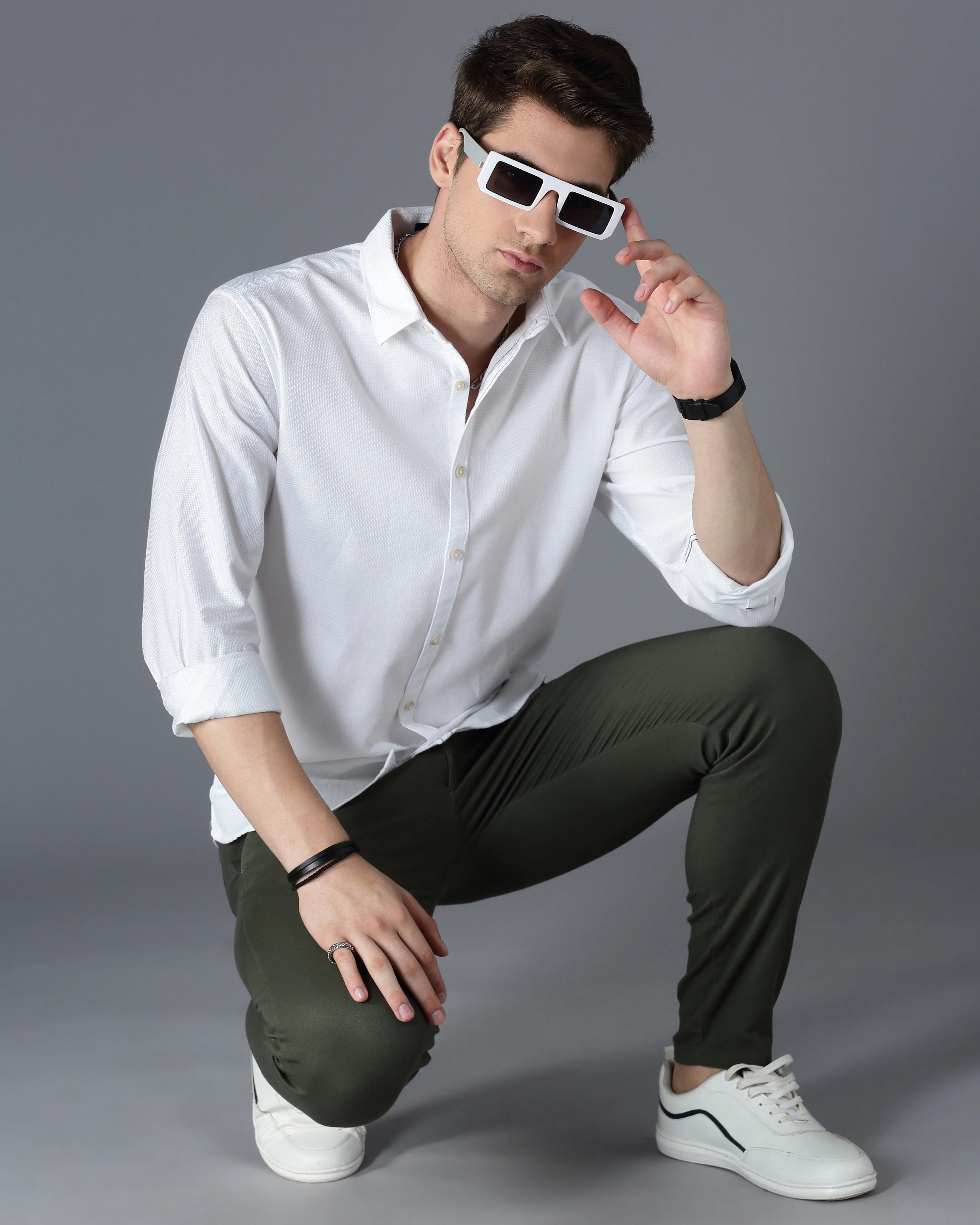Men White Cotton Slim Shirt - Image 6