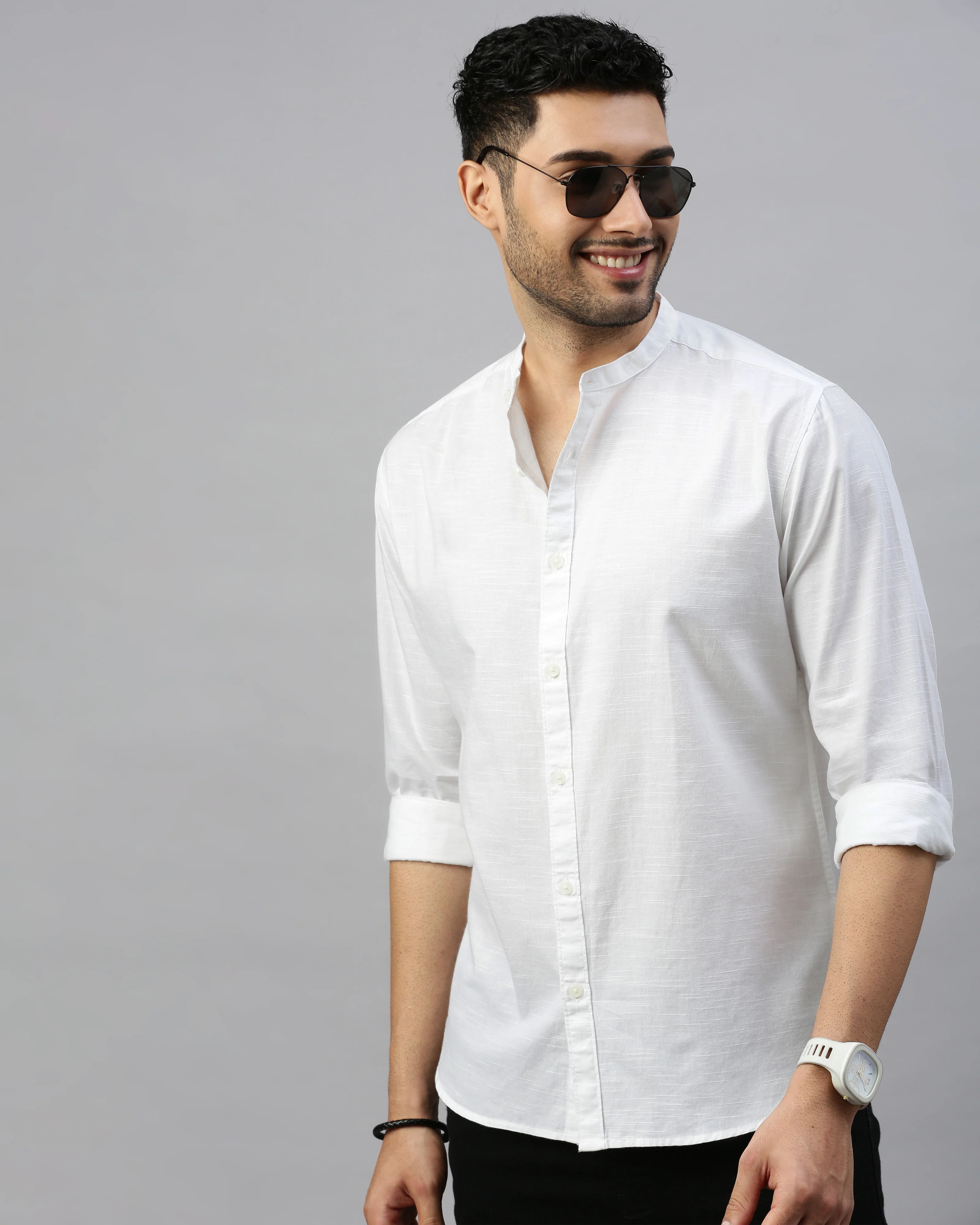 Men White Cotton Slim Shirt - Image 6