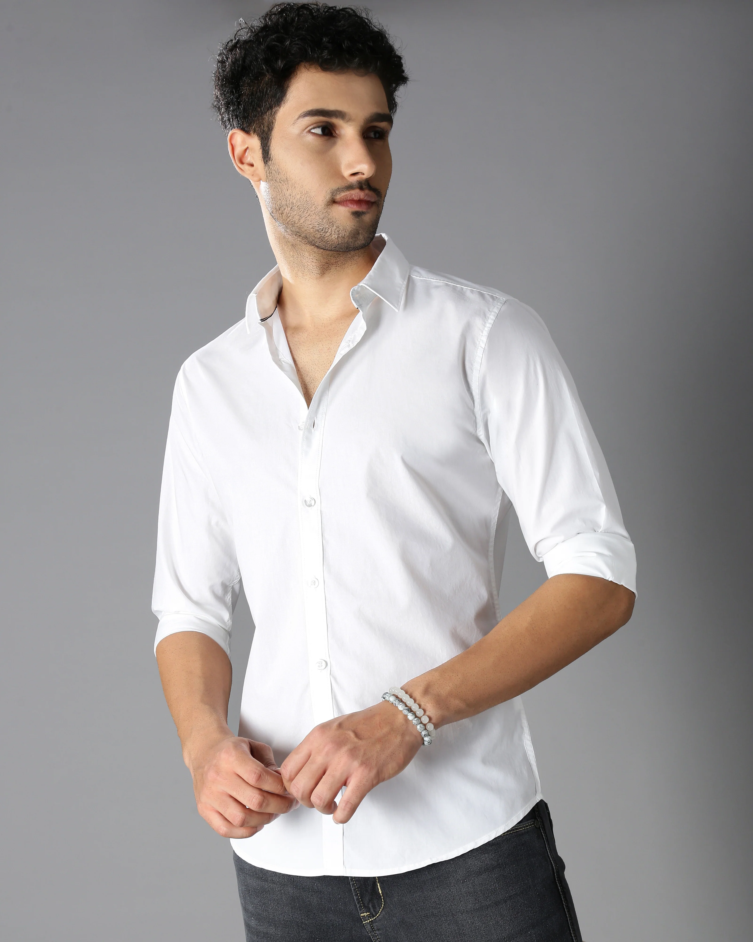 Men White Cotton Slim Shirt - Image 2