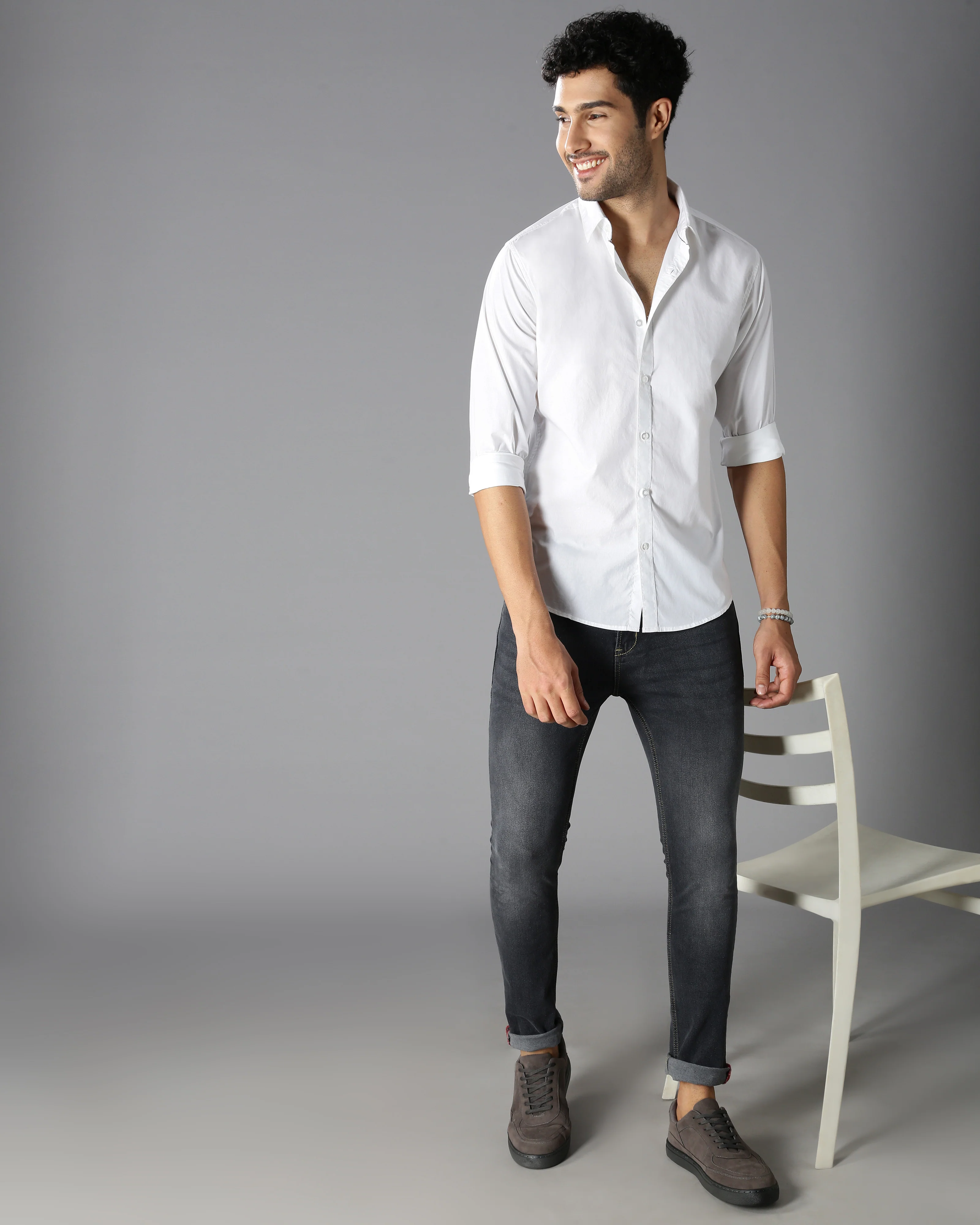 Men White Cotton Slim Shirt - Image 6
