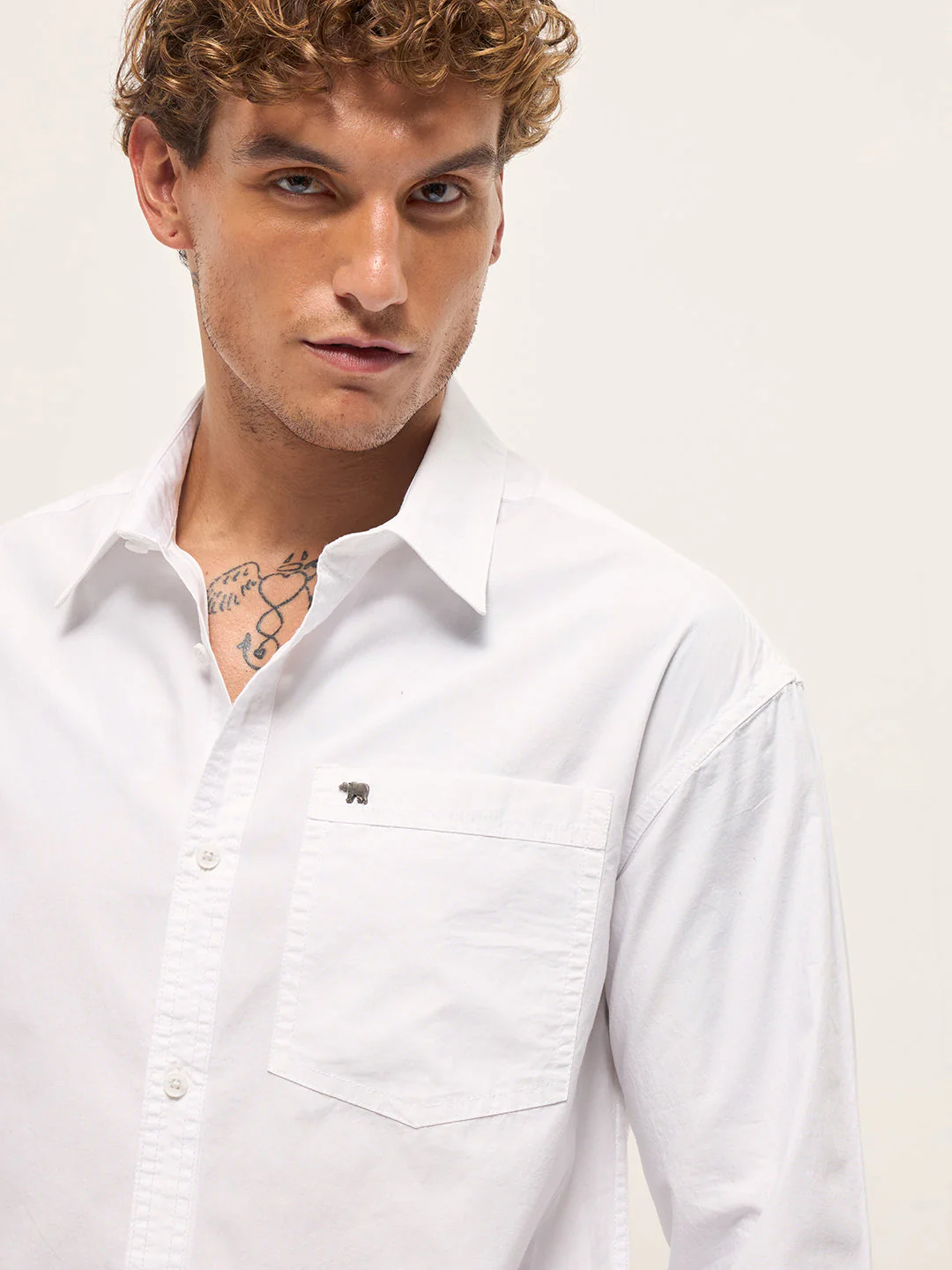 Men White Cotton Solid Relaxed Fit Overshirt - Image 5