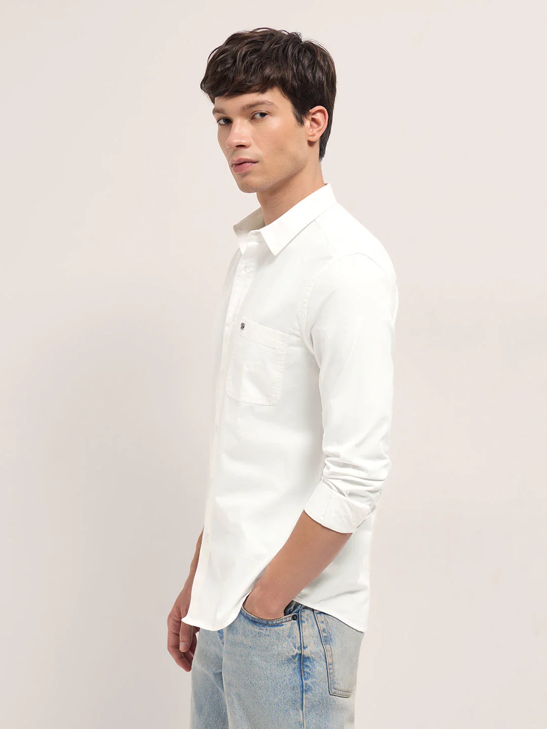 Men White Cotton Solid Slim Fit Casual Shirt - Image 3
