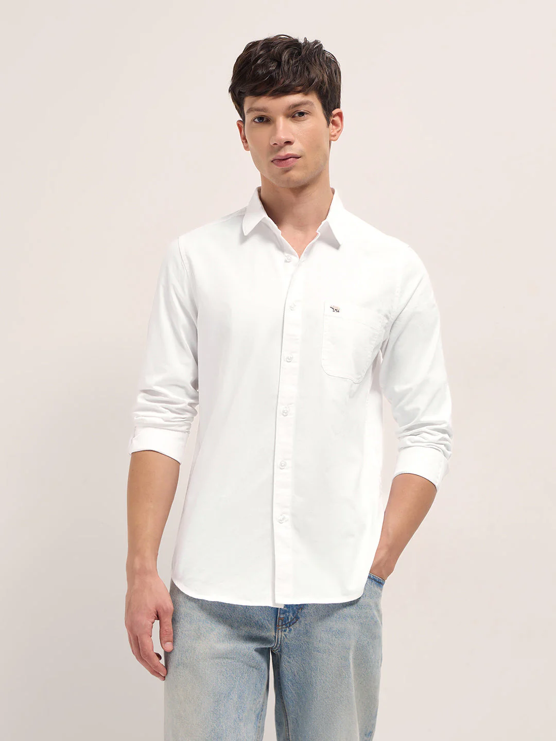 Men White Cotton Solid Slim Fit Casual Shirt - Image 6