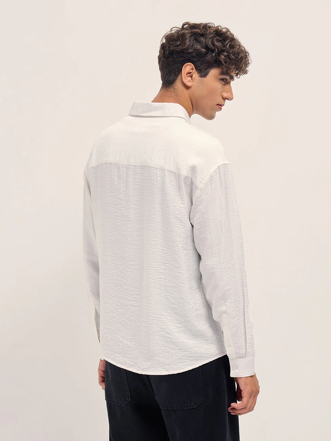 Men White Crinkled Stripe Textured Relaxed Fit Long Sleeve Shirt - Image 2