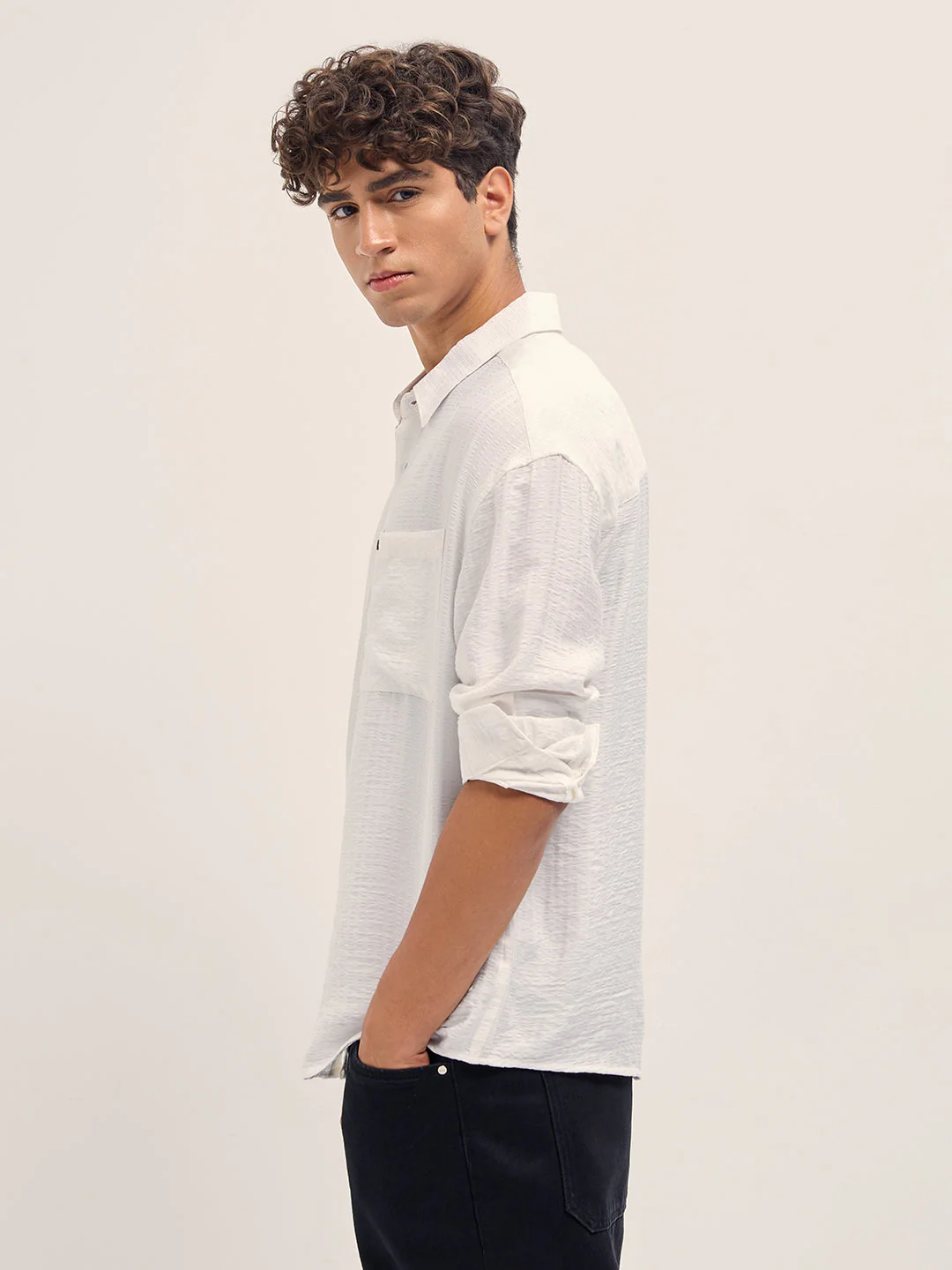 Men White Crinkled Stripe Textured Relaxed Fit Long Sleeve Shirt - Image 3