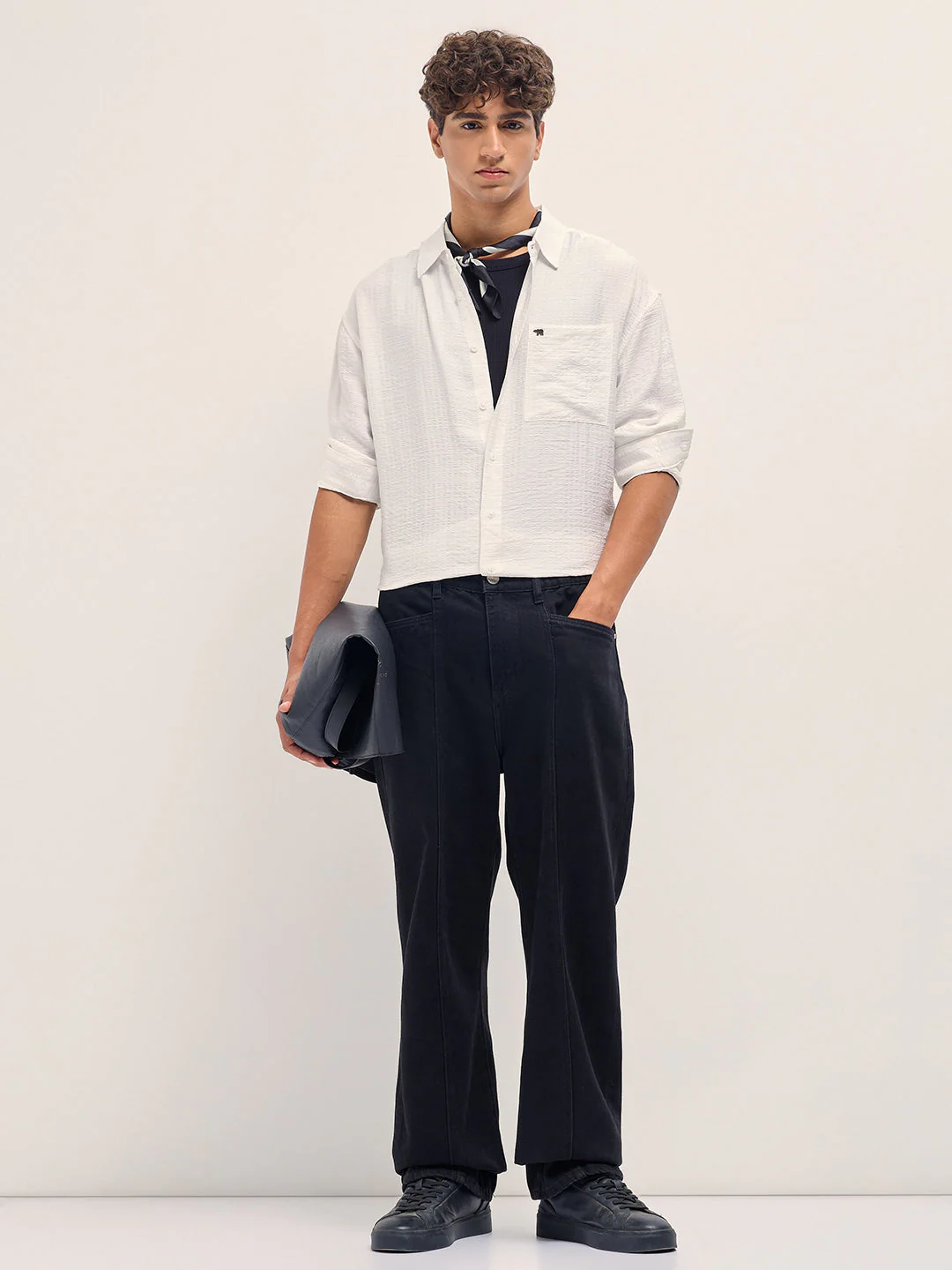 Men White Crinkled Stripe Textured Relaxed Fit Long Sleeve Shirt - Image 4