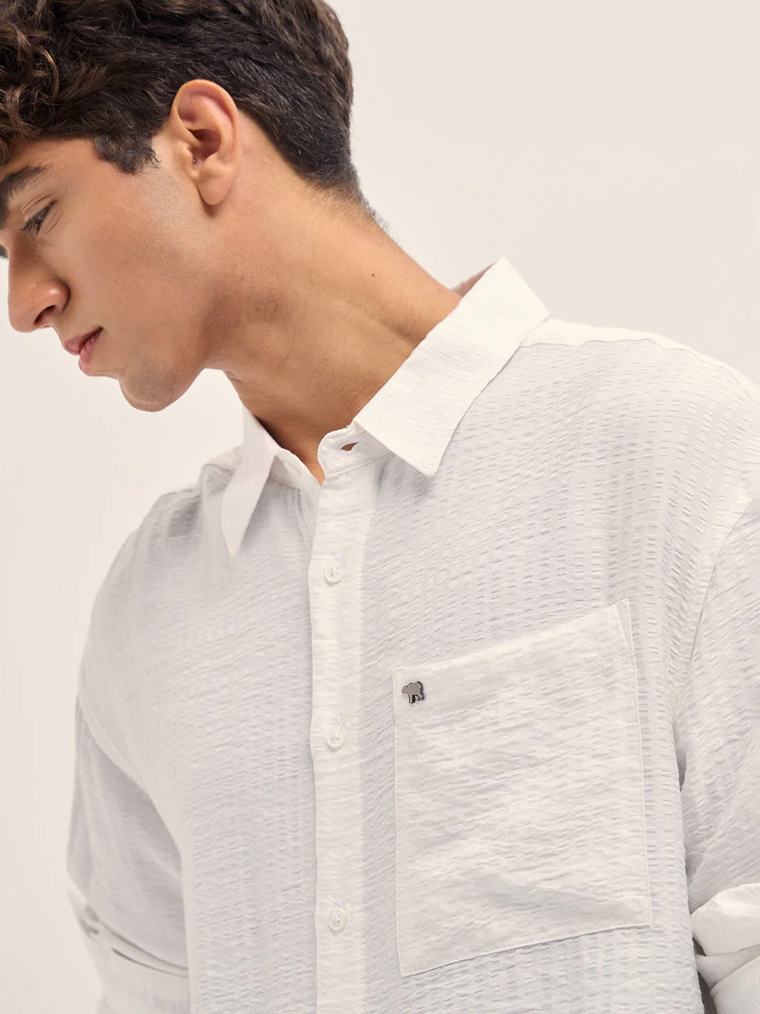 Men White Crinkled Stripe Textured Relaxed Fit Long Sleeve Shirt - Image 5