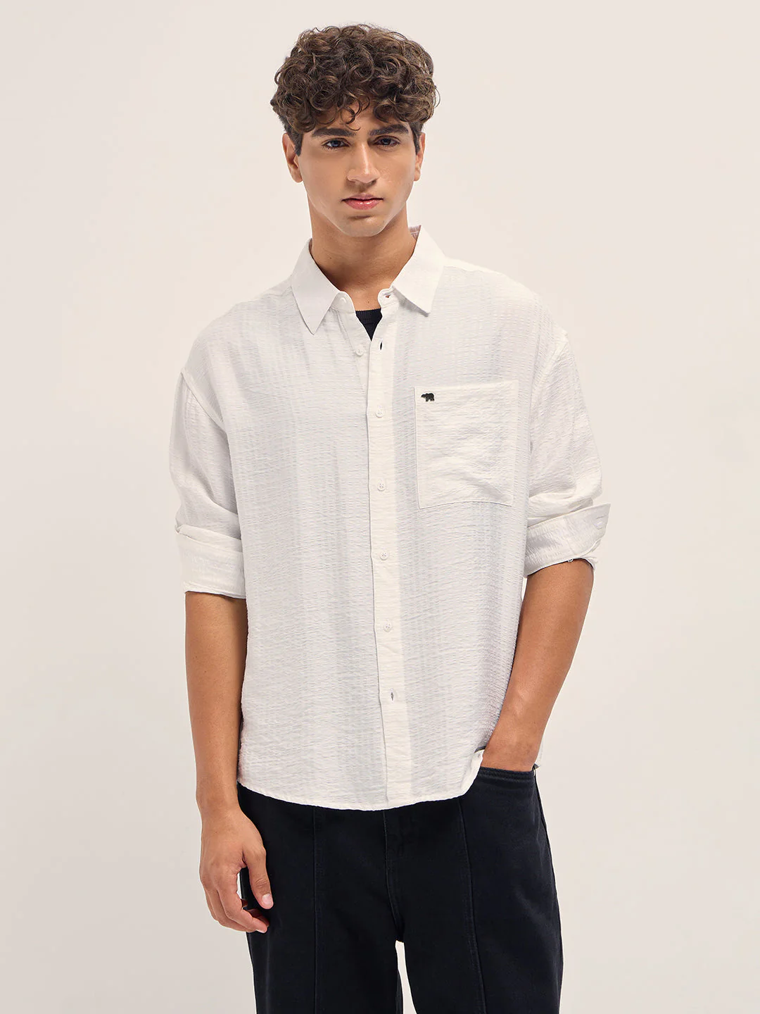 Men White Crinkled Stripe Textured Relaxed Fit Long Sleeve Shirt - Image 6