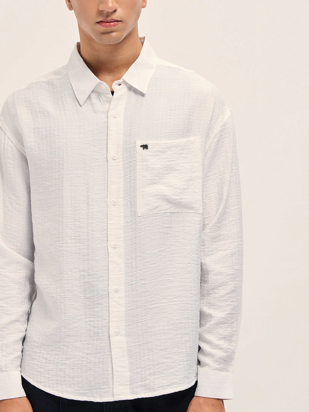 Men White Crinkled Stripe Textured Relaxed Fit Long Sleeve Shirt - Image 7
