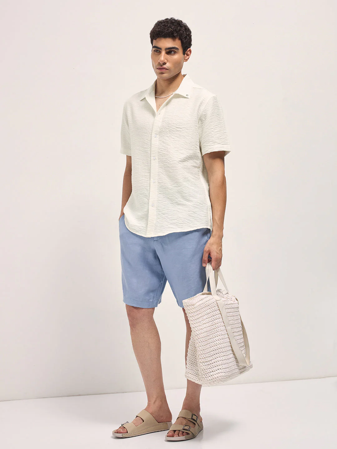Men White Crinkled Textured Regular Fit Half-Sleeve Casual Shirt - Image 4